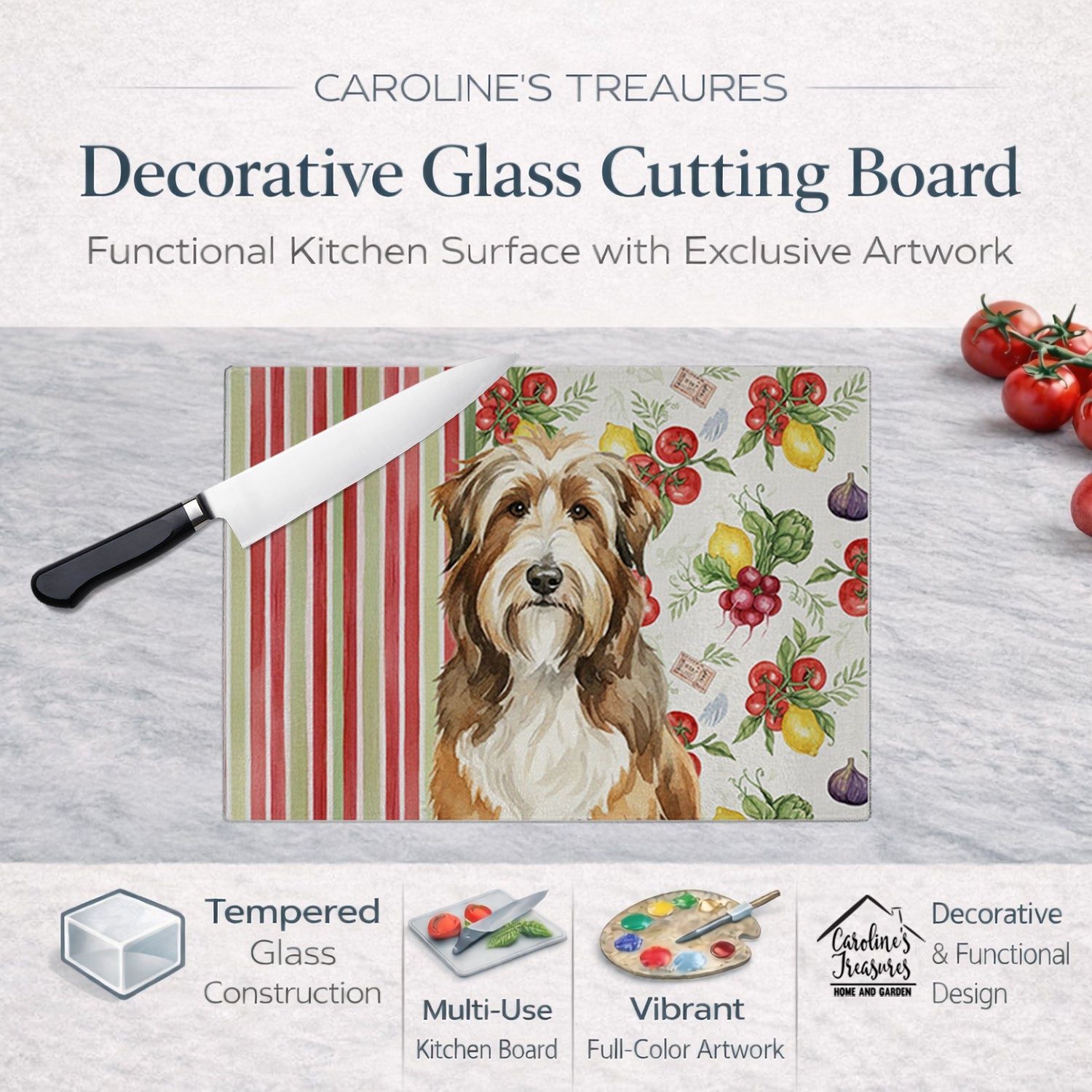 Brown Bearded Collie Vegetables Cutting Board Tempered Glass Kitchen Cutting Surface, Heat Resistant Chopping, Non-Slip Feet, Food Prep & Serving