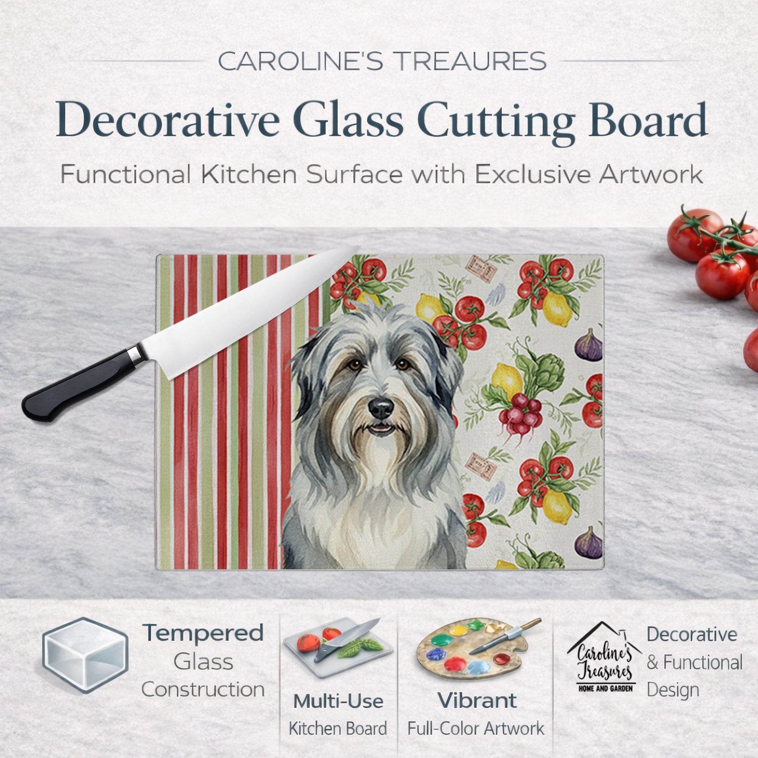 Bearded Collie Vegetables Cutting Board Tempered Glass Kitchen Cutting Surface, Heat Resistant Chopping, Non-Slip Feet, Food Prep & Serving