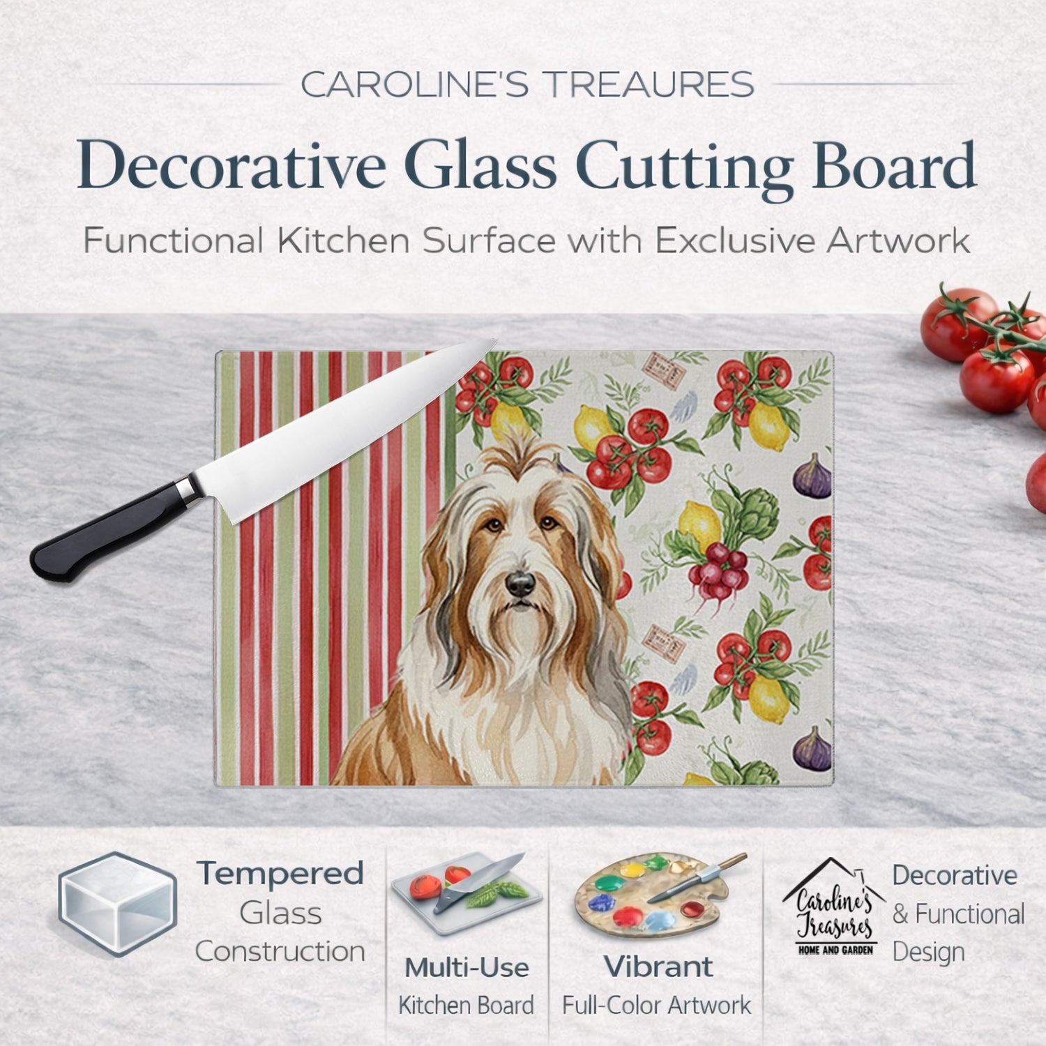 Fawn Bearded Collie Vegetables Cutting Board Tempered Glass Kitchen Cutting Surface, Heat Resistant Chopping, Non-Slip Feet, Food Prep & Serving