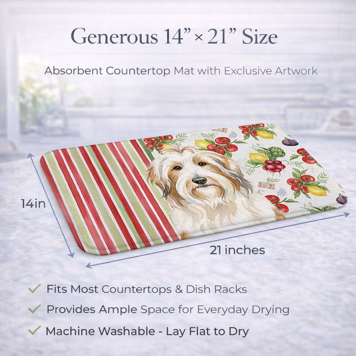 White and Tan Bearded Collie Vegetables Dish Drying Mat Absorbent Dish Drying Mat Pad for Kitchen Counter Dish Drainer Mat for Countertop, 14 x 21", Multicolor