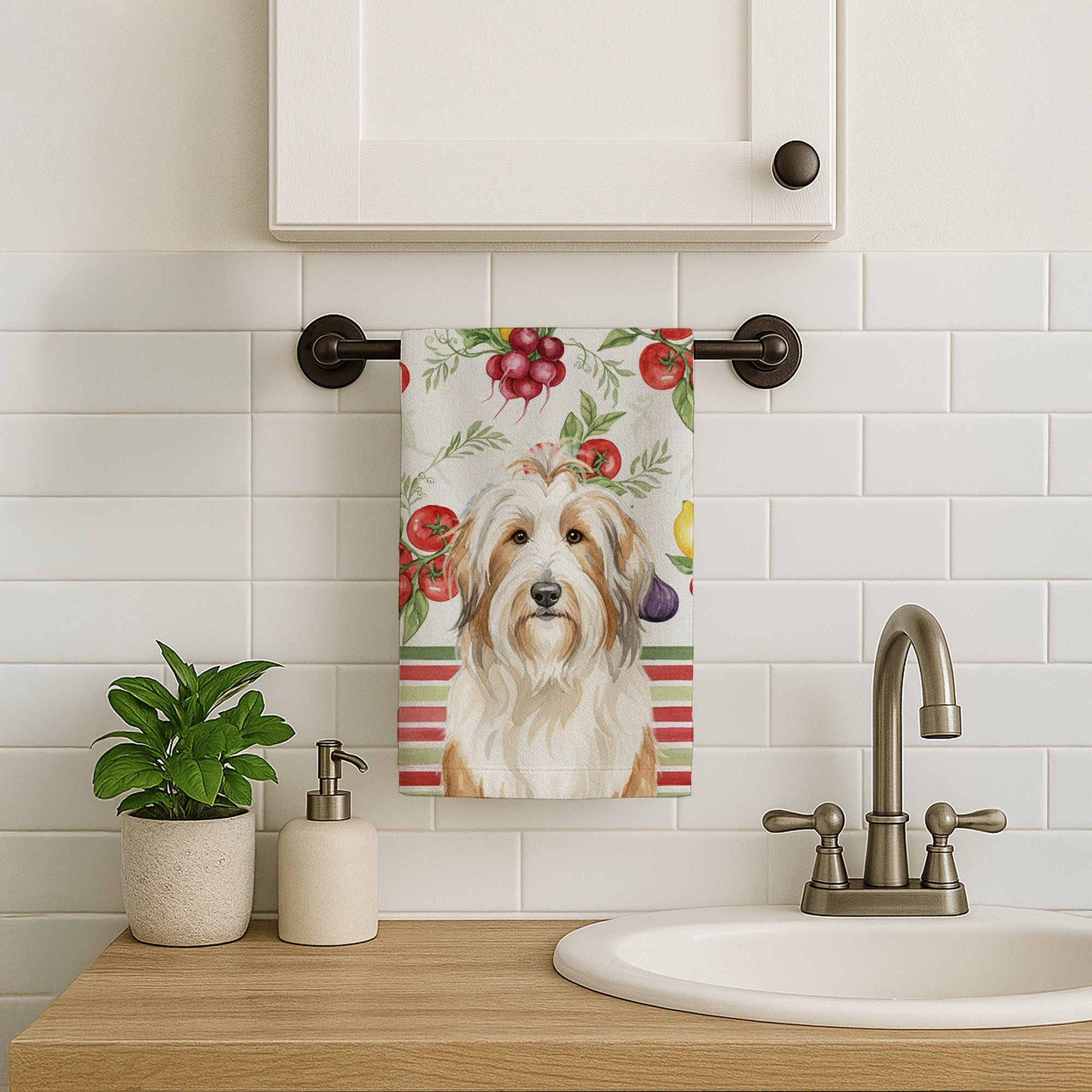 White and Tan Bearded Collie Vegetables Kitchen Towel Velour Plush Front and Cotton Loop Back Machine Washable