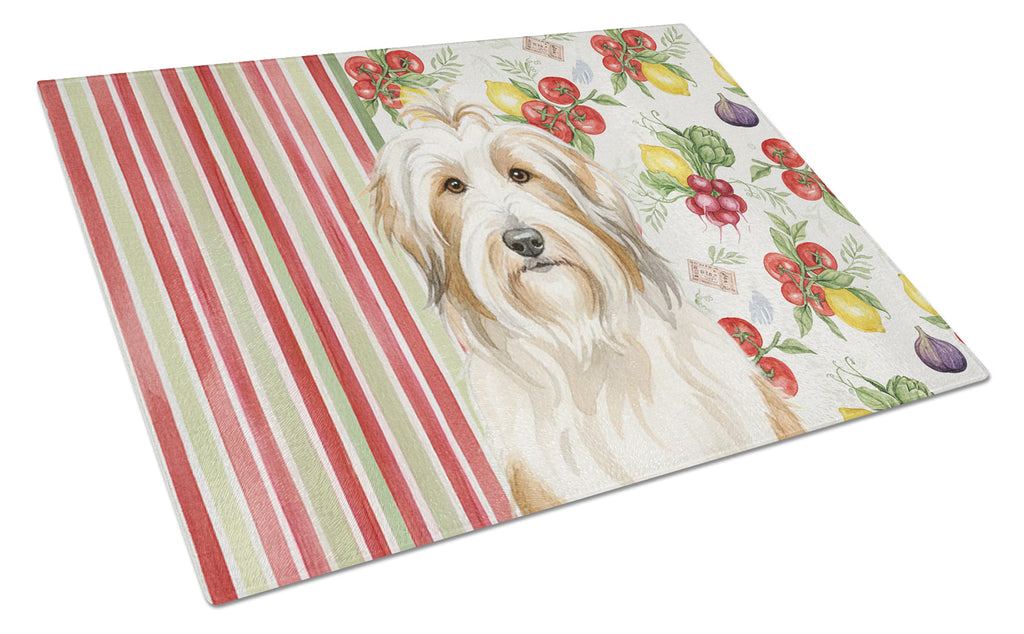 White and Tan Bearded Collie Vegetables Cutting Board Tempered Glass Kitchen Cutting Surface, Heat Resistant Chopping, Non-Slip Feet, Food Prep & Serving