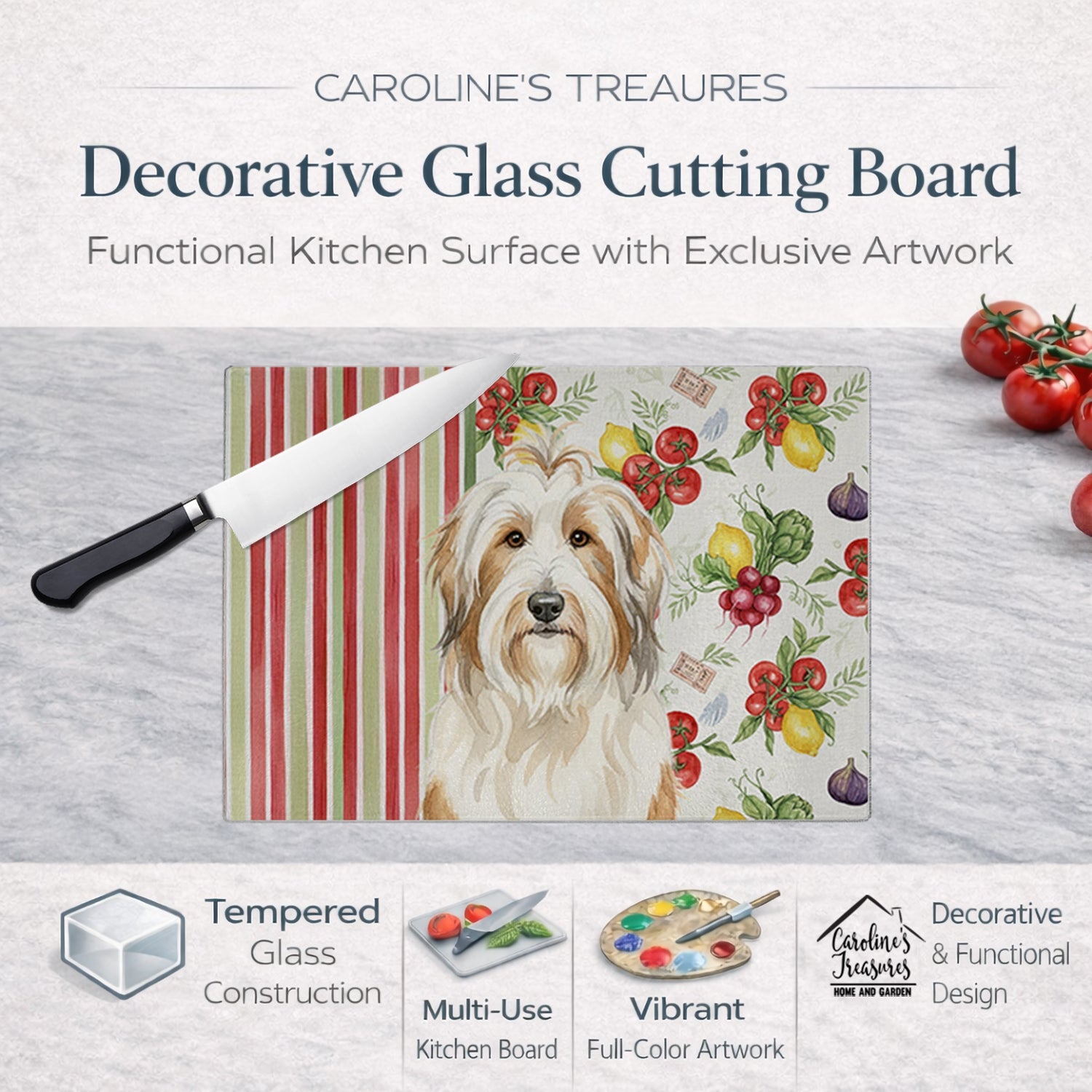 White and Tan Bearded Collie Vegetables Cutting Board Tempered Glass Kitchen Cutting Surface, Heat Resistant Chopping, Non-Slip Feet, Food Prep & Serving