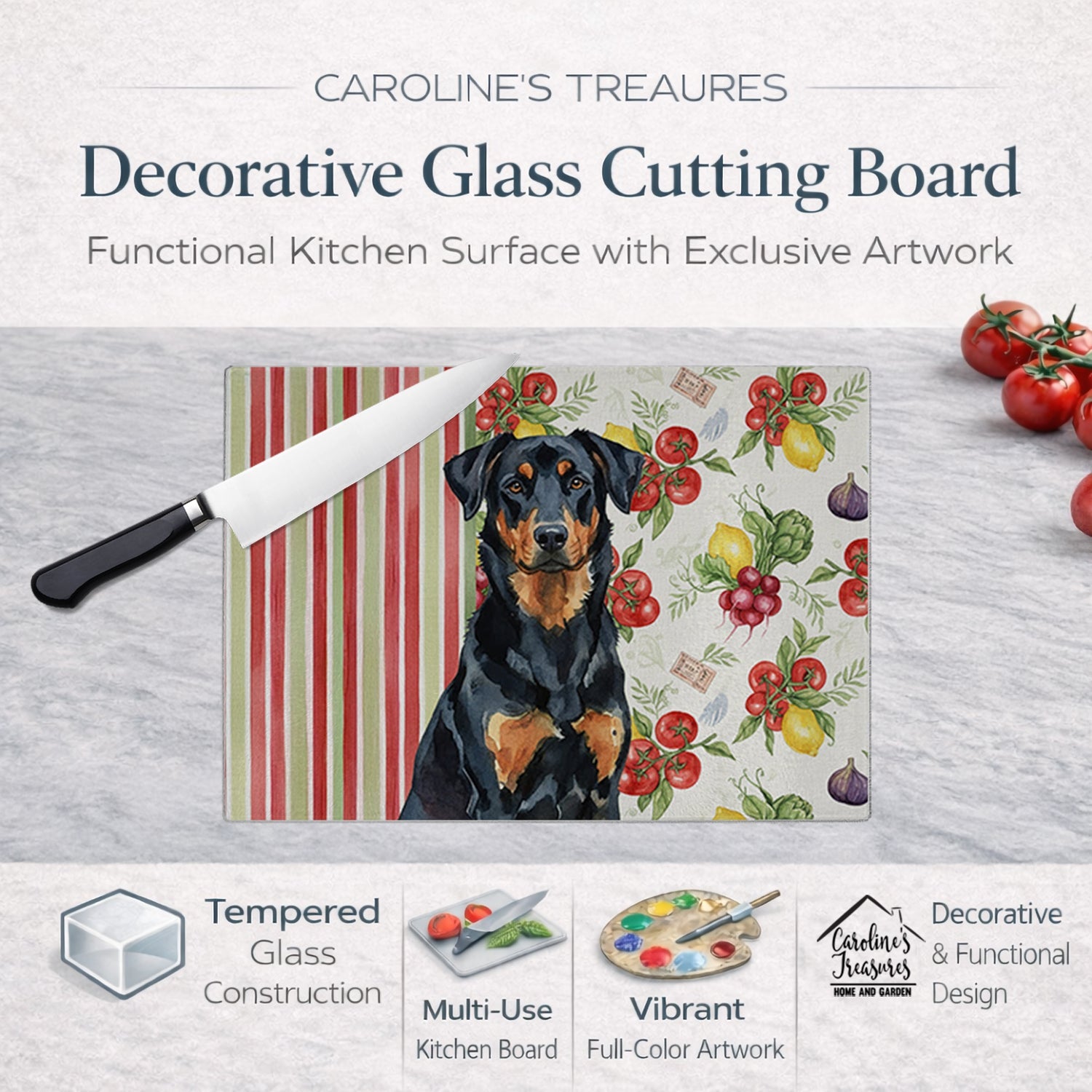Beauceron Vegetables Cutting Board Tempered Glass Kitchen Cutting Surface, Heat Resistant Chopping, Non-Slip Feet, Food Prep & Serving