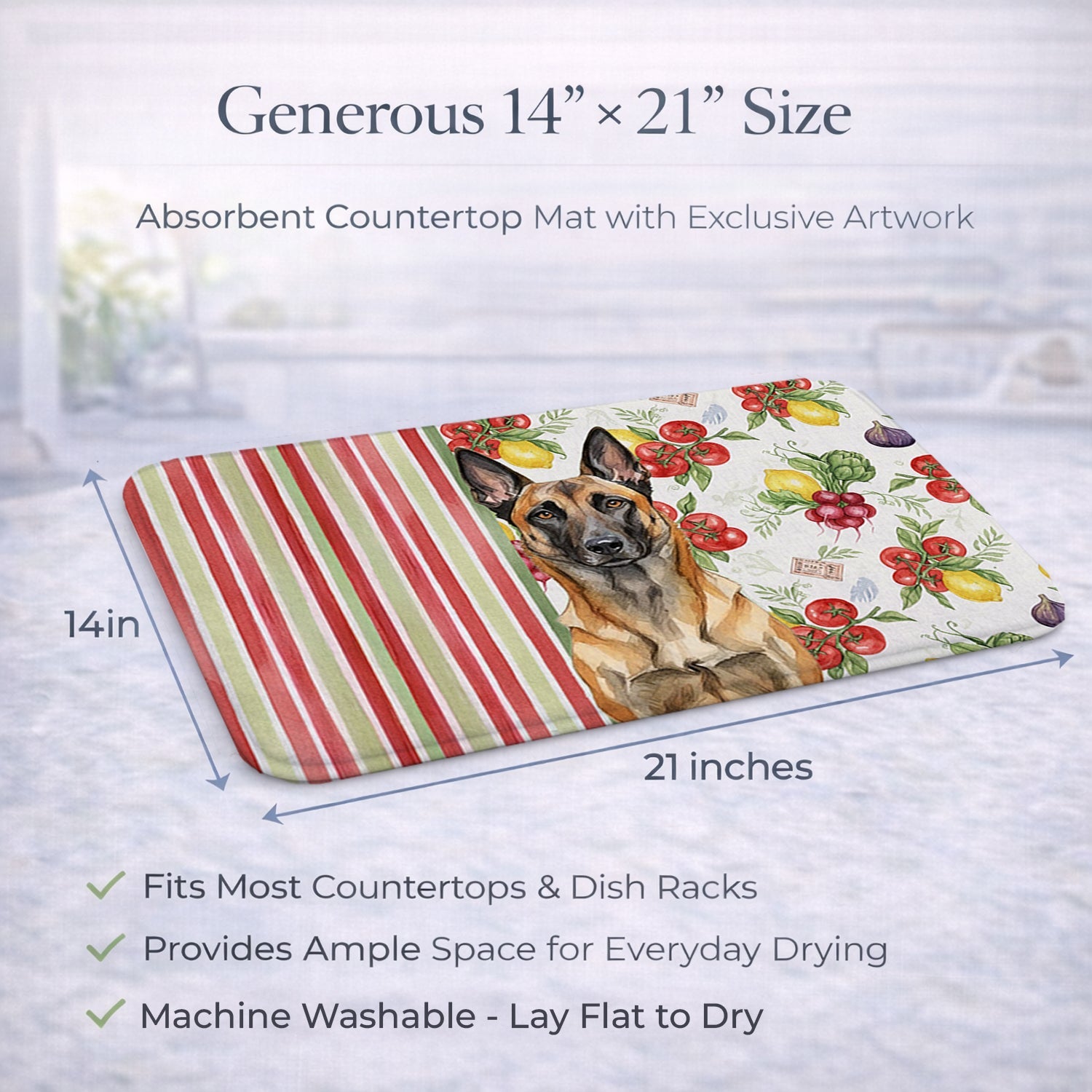 Belgian Malinois Vegetables Dish Drying Mat Absorbent Dish Drying Mat Pad for Kitchen Counter Dish Drainer Mat for Countertop, 14 x 21", Multicolor