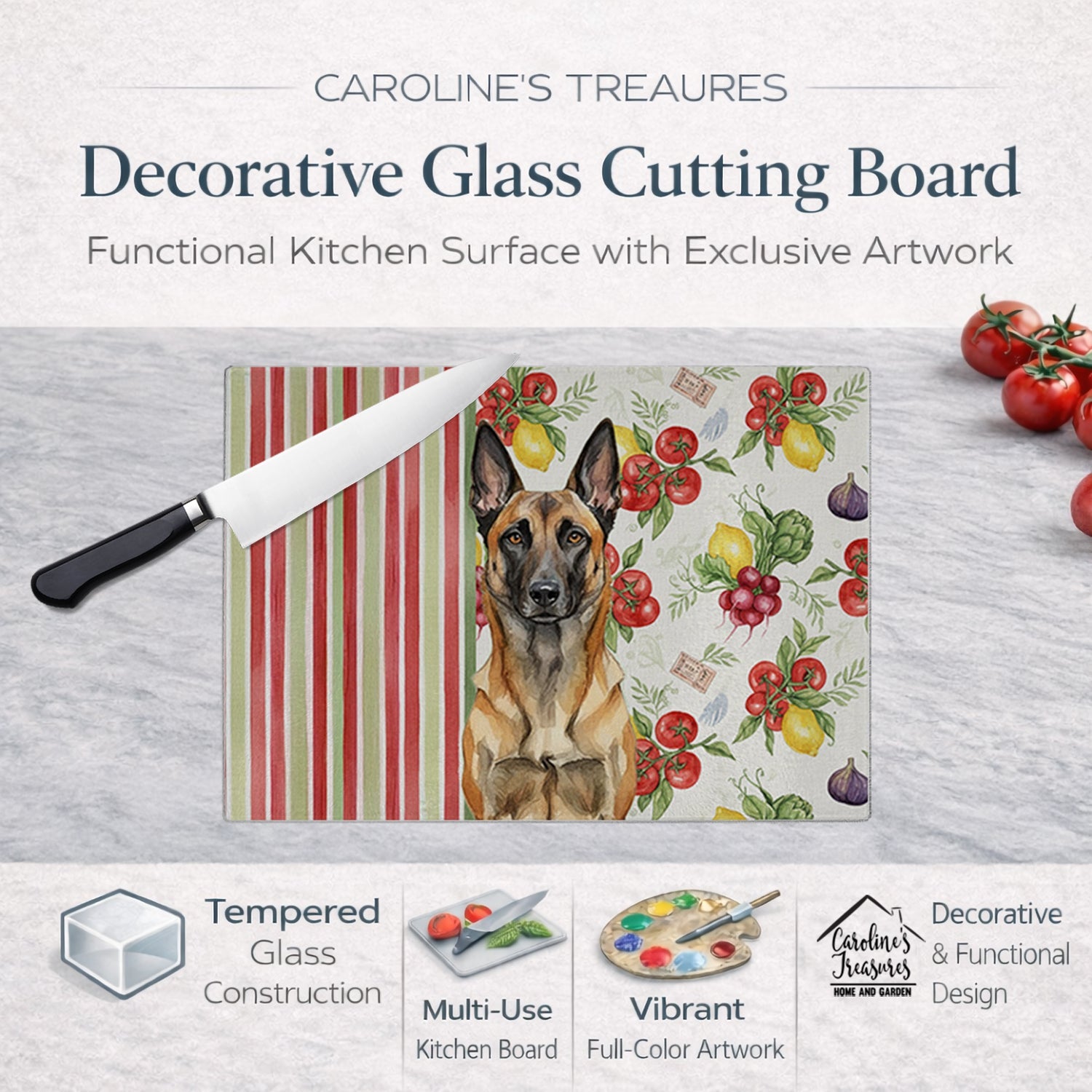 Belgian Malinois Vegetables Cutting Board Tempered Glass Kitchen Cutting Surface, Heat Resistant Chopping, Non-Slip Feet, Food Prep & Serving