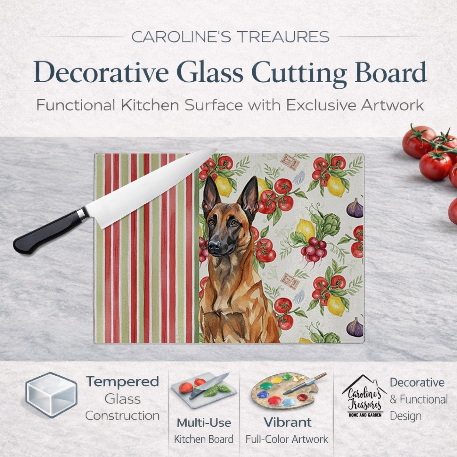 Mahogany Belgian Malinois Vegetables Cutting Board Tempered Glass Kitchen Cutting Surface, Heat Resistant Chopping, Non-Slip Feet, Food Prep & Serving