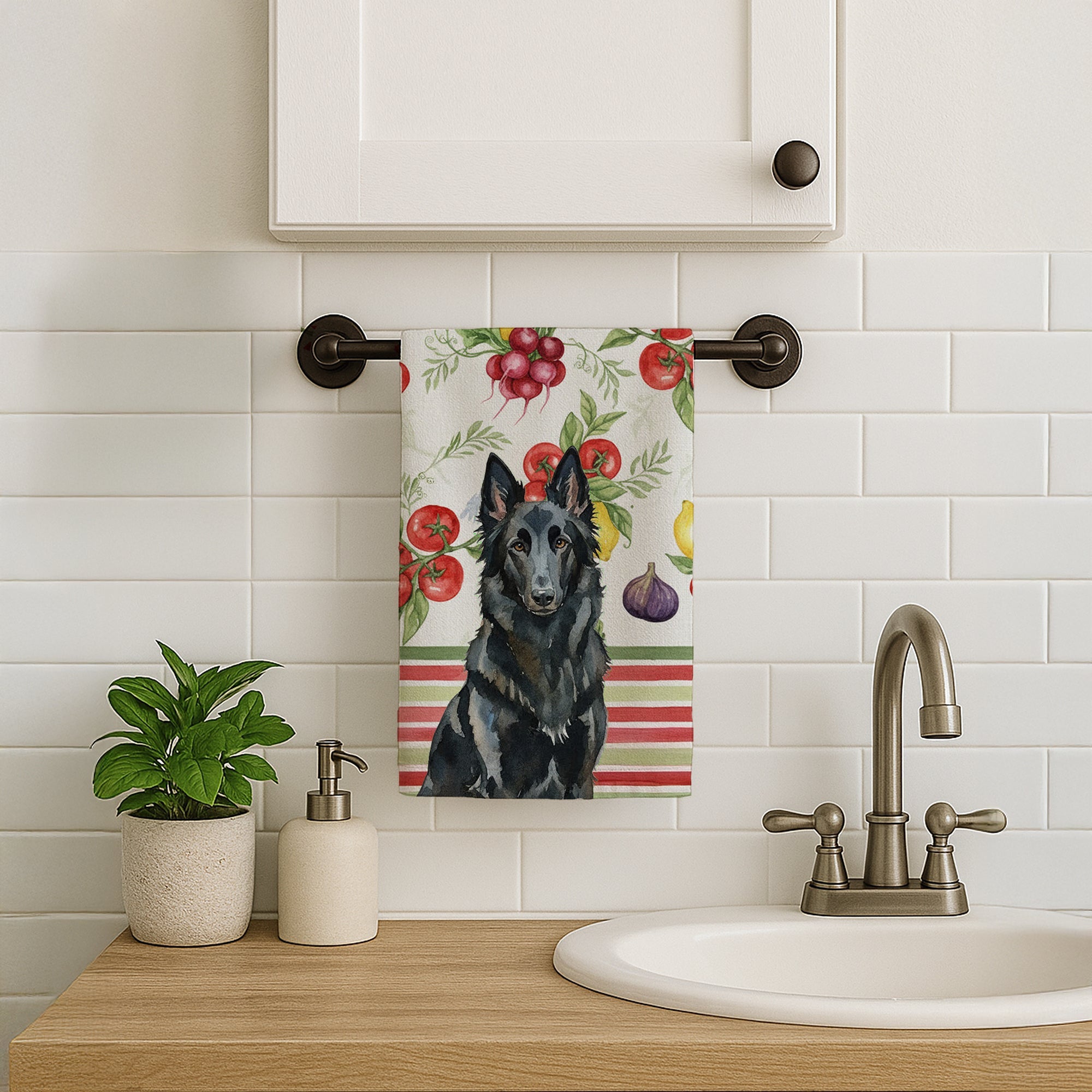 Belgian Sheepdog Groenendael Vegetables Kitchen Towel Velour Plush Front and Cotton Loop Back Machine Washable