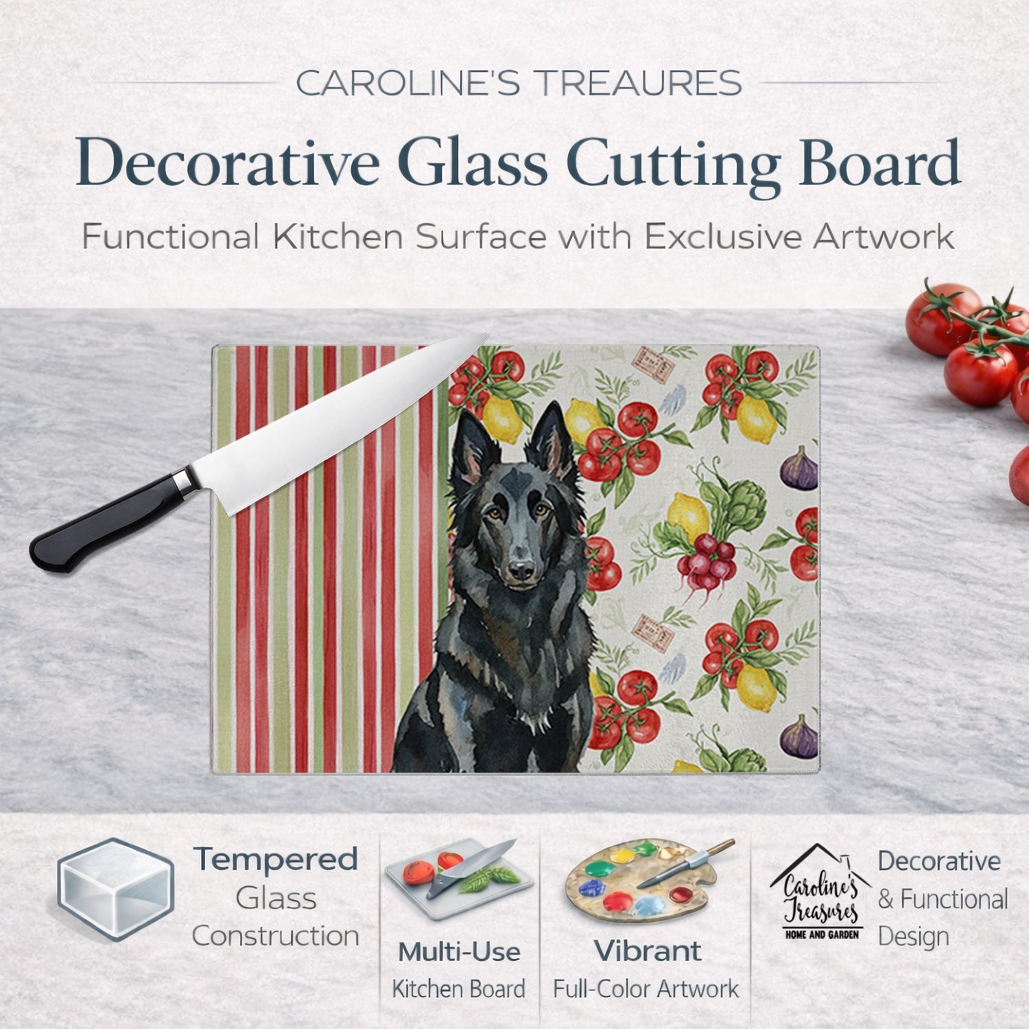 Belgian Sheepdog Groenendael Vegetables Cutting Board Tempered Glass Kitchen Cutting Surface, Heat Resistant Chopping, Non-Slip Feet, Food Prep & Serving