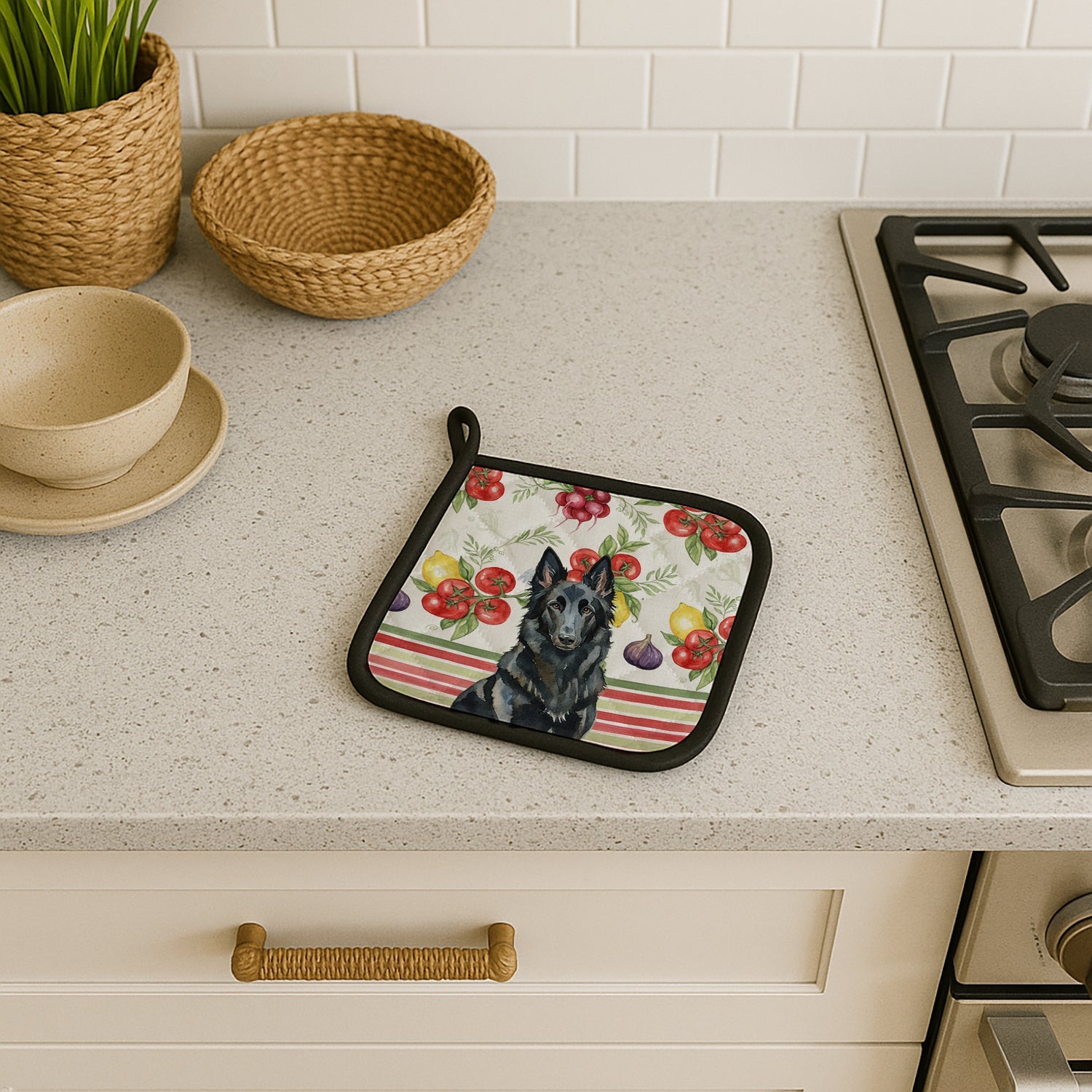 Belgian Sheepdog Groenendael Vegetables Pot Holder Set of 2 Heat Resistant Quilted Hot Pads 7.5 x 7.5 Inch, Insulated Kitchen Trivets for Cooking & Baking