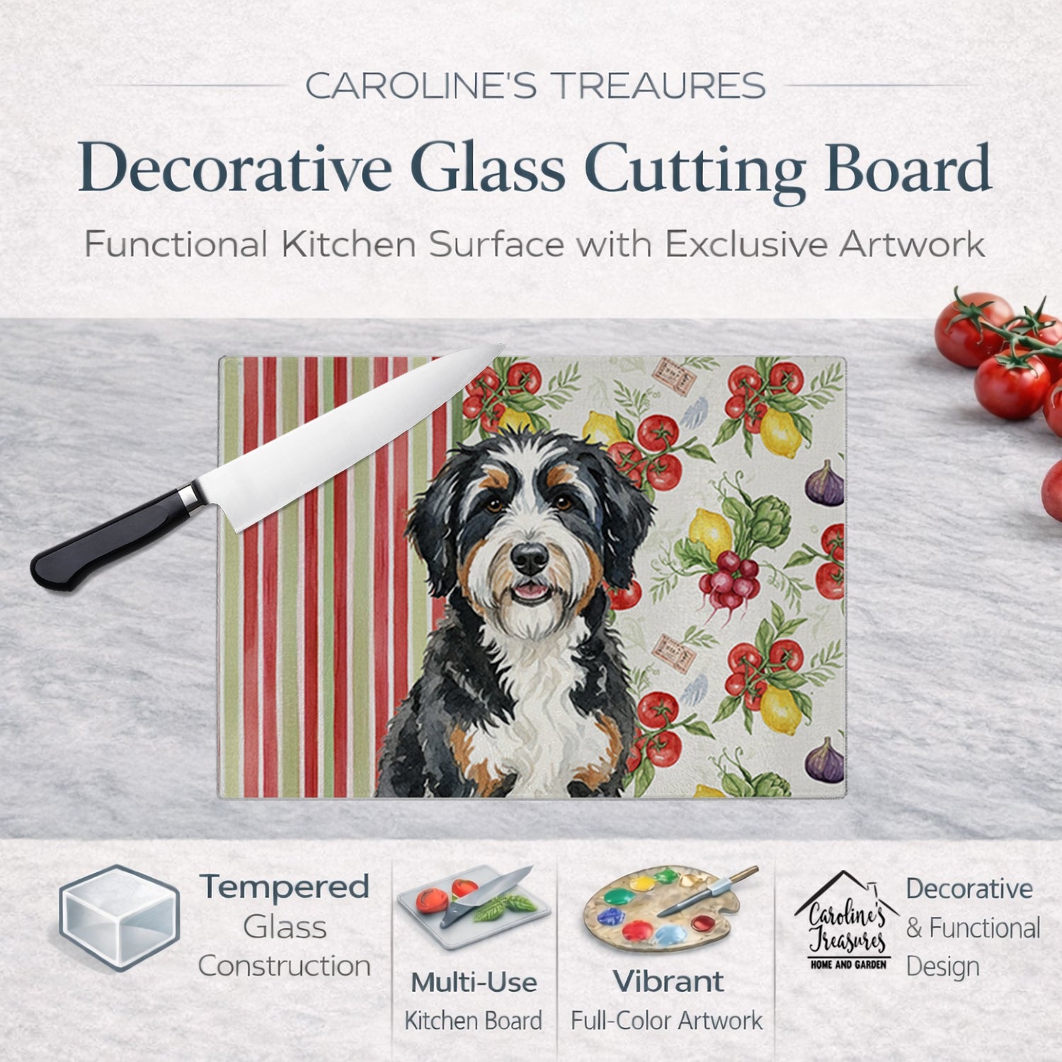 Berndoodle Vegetables Cutting Board Tempered Glass Kitchen Cutting Surface, Heat Resistant Chopping, Non-Slip Feet, Food Prep & Serving