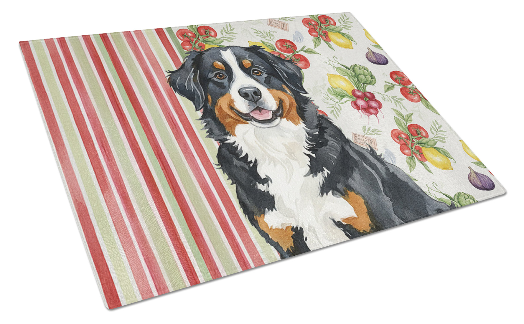Bernese Mountain Dog Vegetables Cutting Board Tempered Glass Kitchen Cutting Surface, Heat Resistant Chopping, Non-Slip Feet, Food Prep & Serving