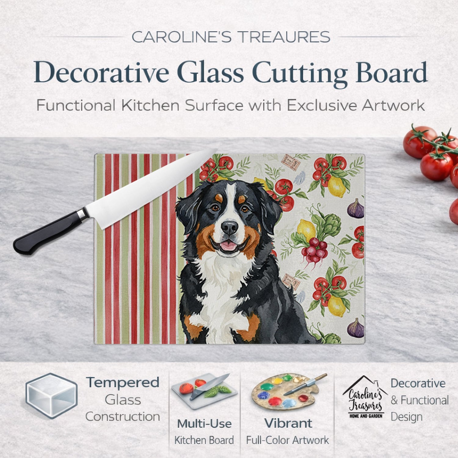 Bernese Mountain Dog Vegetables Cutting Board Tempered Glass Kitchen Cutting Surface, Heat Resistant Chopping, Non-Slip Feet, Food Prep & Serving