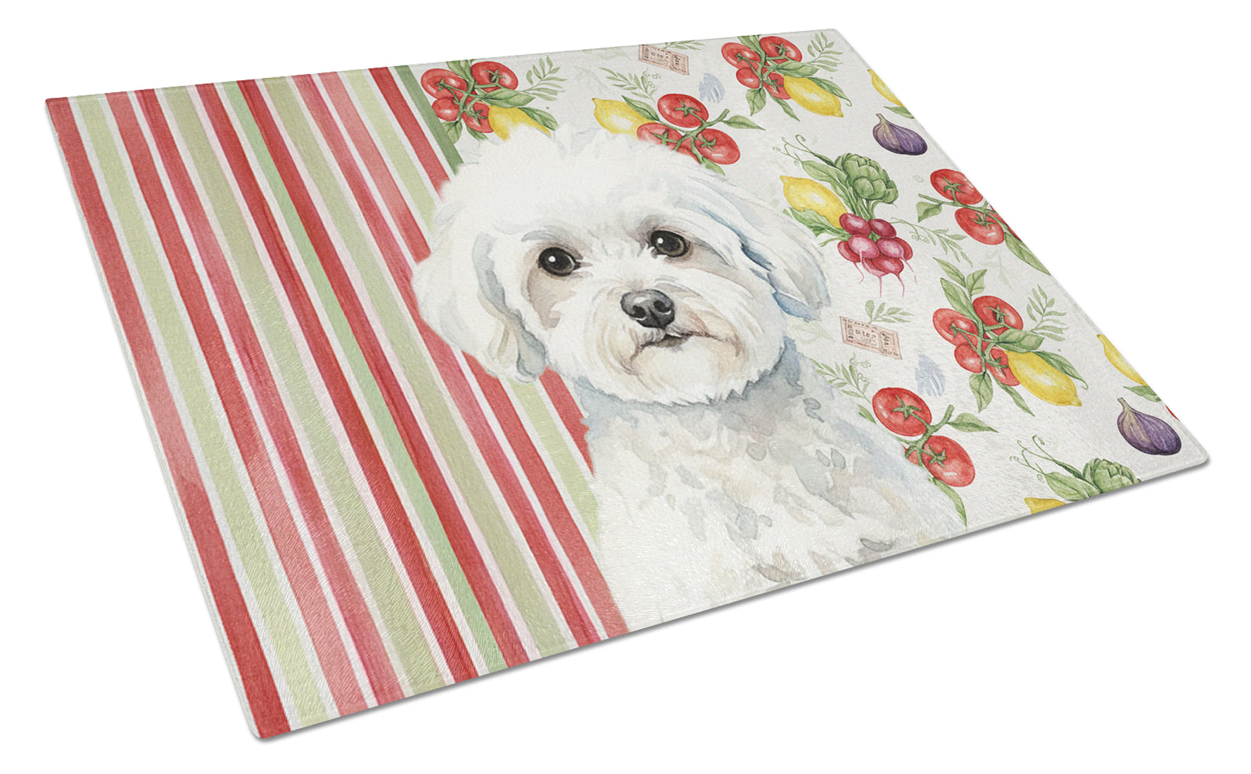 Bichon Frise Vegetables Cutting Board Tempered Glass Kitchen Cutting Surface, Heat Resistant Chopping, Non-Slip Feet, Food Prep & Serving