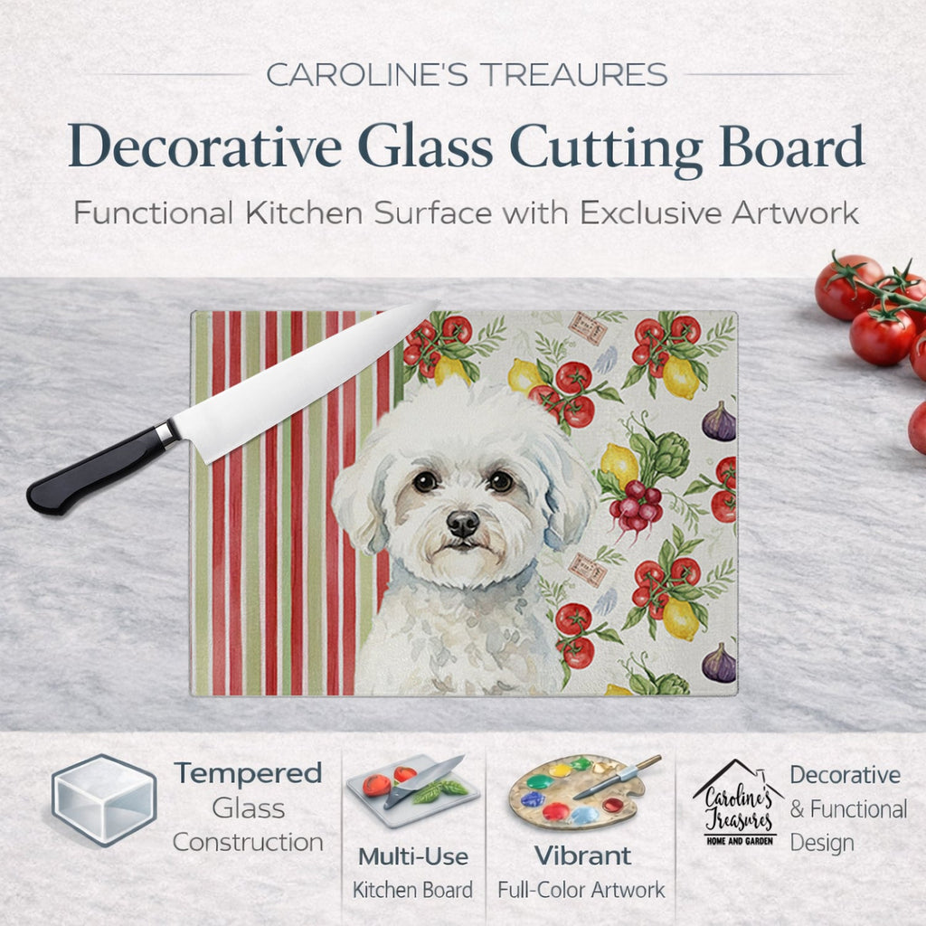 Bichon Frise Vegetables Cutting Board Tempered Glass Kitchen Cutting Surface, Heat Resistant Chopping, Non-Slip Feet, Food Prep & Serving