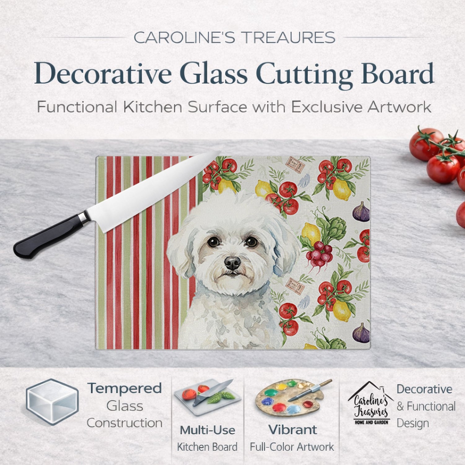 Bichon Frise Vegetables Cutting Board Tempered Glass Kitchen Cutting Surface, Heat Resistant Chopping, Non-Slip Feet, Food Prep & Serving