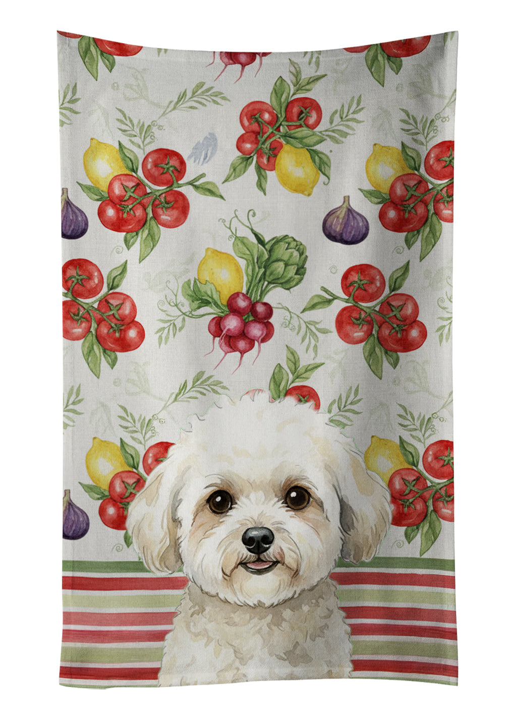 White and Cream Bichon Frise Vegetables Kitchen Towel Velour Plush Front and Cotton Loop Back Machine Washable