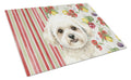 White and Cream Bichon Frise Vegetables Cutting Board Tempered Glass Kitchen Cutting Surface, Heat Resistant Chopping, Non-Slip Feet, Food Prep & Serving