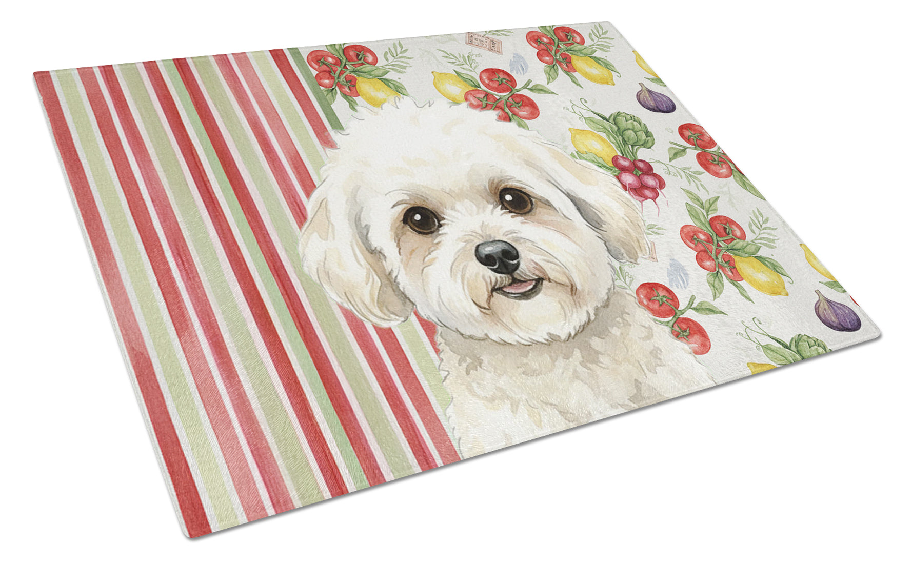 White and Cream Bichon Frise Vegetables Cutting Board Tempered Glass Kitchen Cutting Surface, Heat Resistant Chopping, Non-Slip Feet, Food Prep & Serving