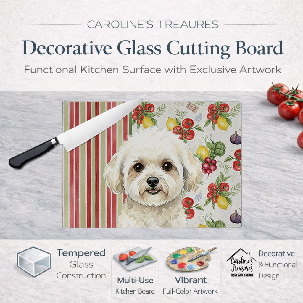 White and Cream Bichon Frise Vegetables Cutting Board Tempered Glass Kitchen Cutting Surface, Heat Resistant Chopping, Non-Slip Feet, Food Prep & Serving