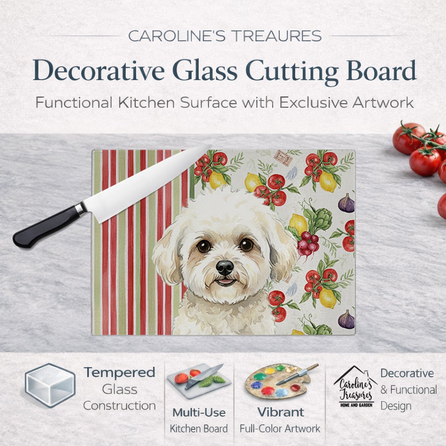 White and Cream Bichon Frise Vegetables Cutting Board Tempered Glass Kitchen Cutting Surface, Heat Resistant Chopping, Non-Slip Feet, Food Prep & Serving