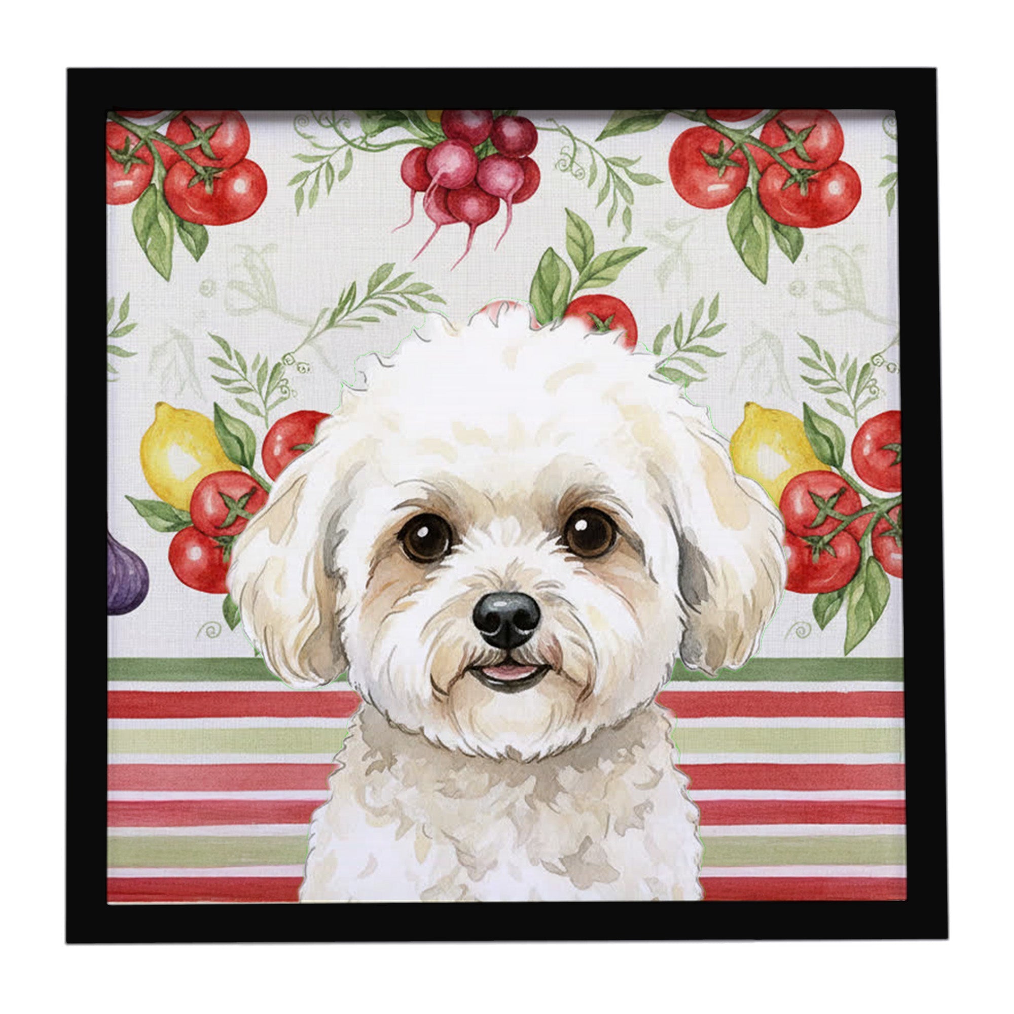 White and Cream Bichon Frise Vegetables Framed Metal Print Bathroom, Kitchen, Office, Home Decor Wall Art Ready to Hang, Square, 8X8