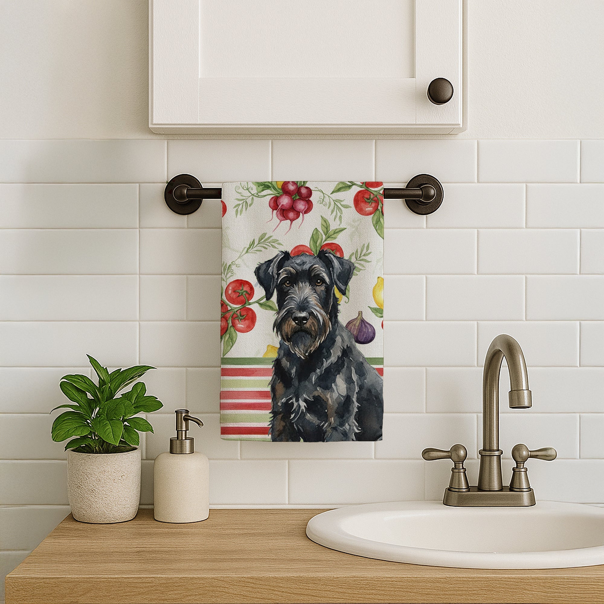 Black Russian Terrier Vegetables Kitchen Towel Velour Plush Front and Cotton Loop Back Machine Washable