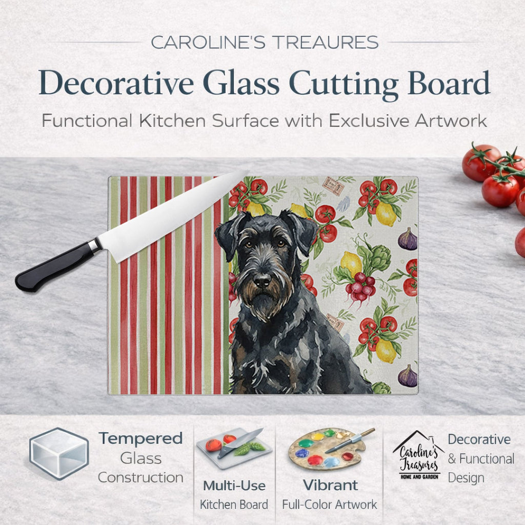 Black Russian Terrier Vegetables Cutting Board Tempered Glass Kitchen Cutting Surface, Heat Resistant Chopping, Non-Slip Feet, Food Prep & Serving