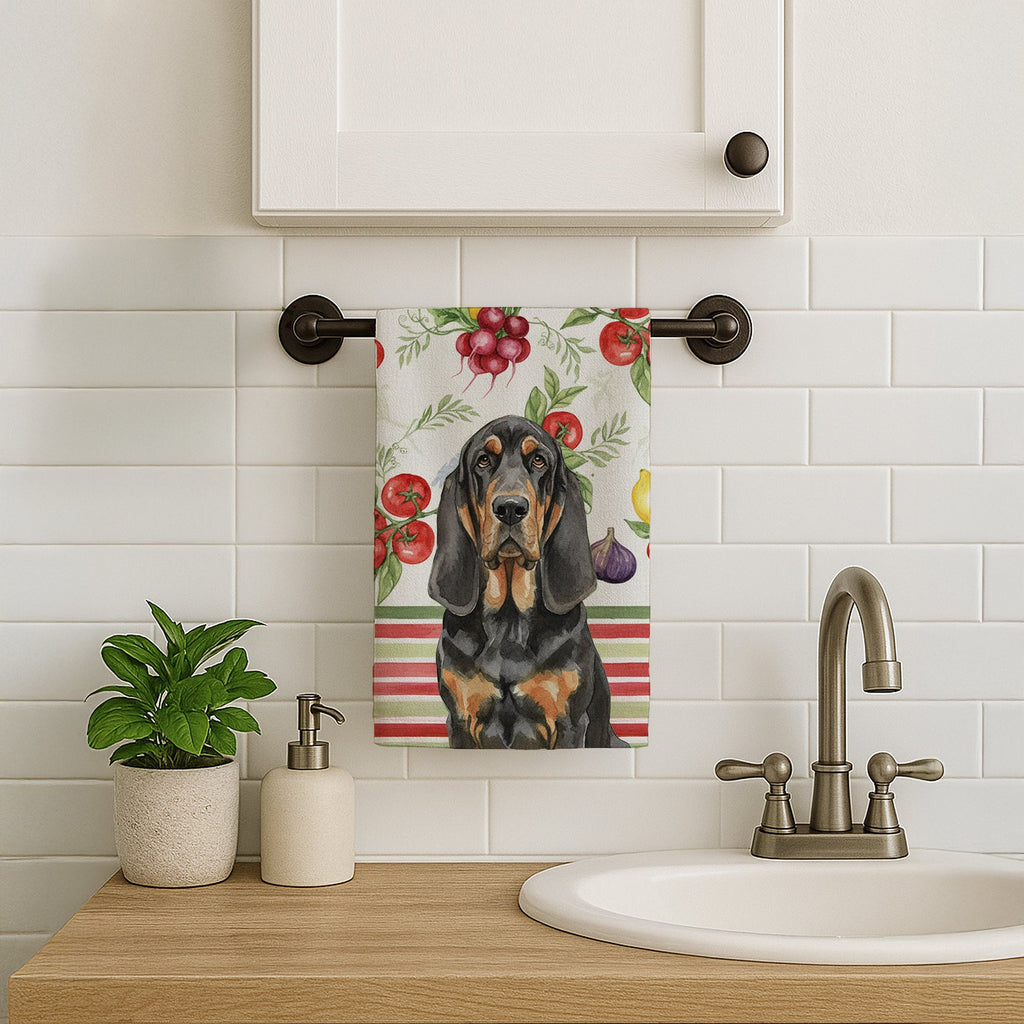 Black and Tan Bloodhound Vegetables Kitchen Towel Velour Plush Front and Cotton Loop Back Machine Washable