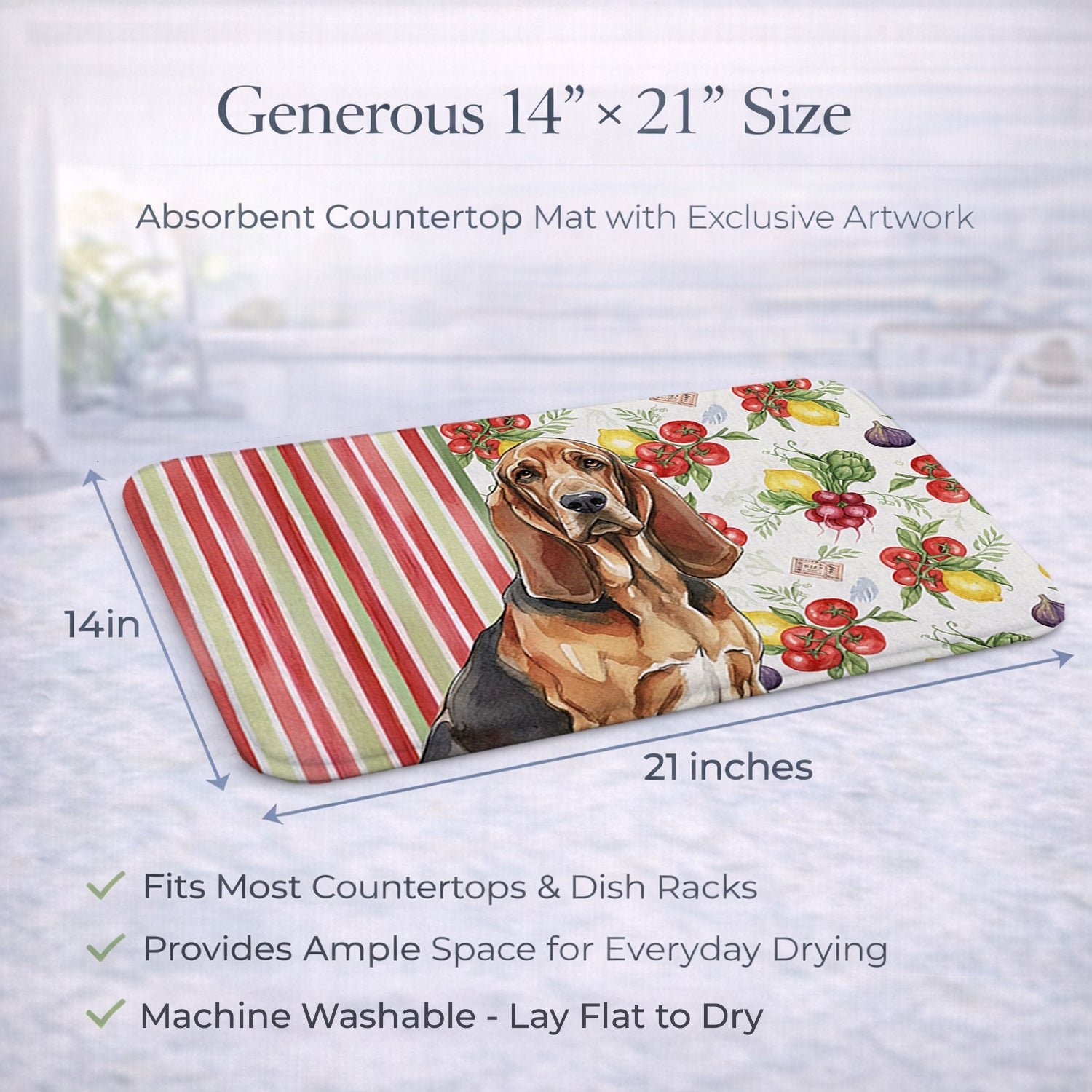 Liver and Tan Bloodhound Vegetables Dish Drying Mat Absorbent Dish Drying Mat Pad for Kitchen Counter Dish Drainer Mat for Countertop, 14 x 21", Multicolor