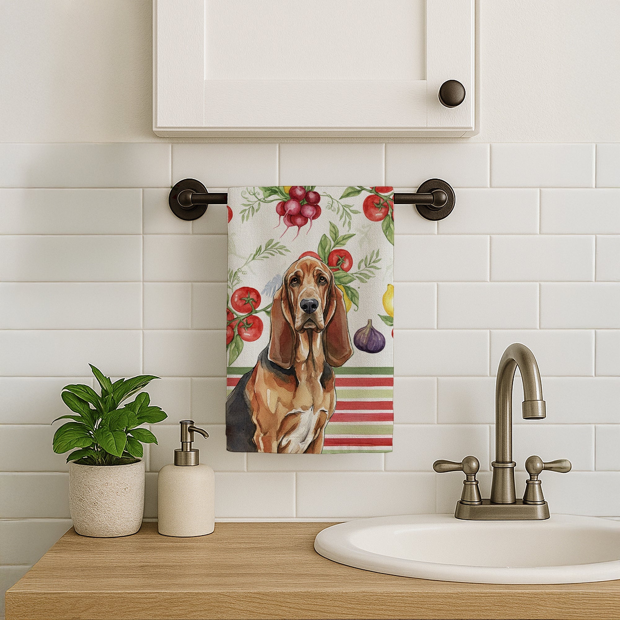 Liver and Tan Bloodhound Vegetables Kitchen Towel Velour Plush Front and Cotton Loop Back Machine Washable