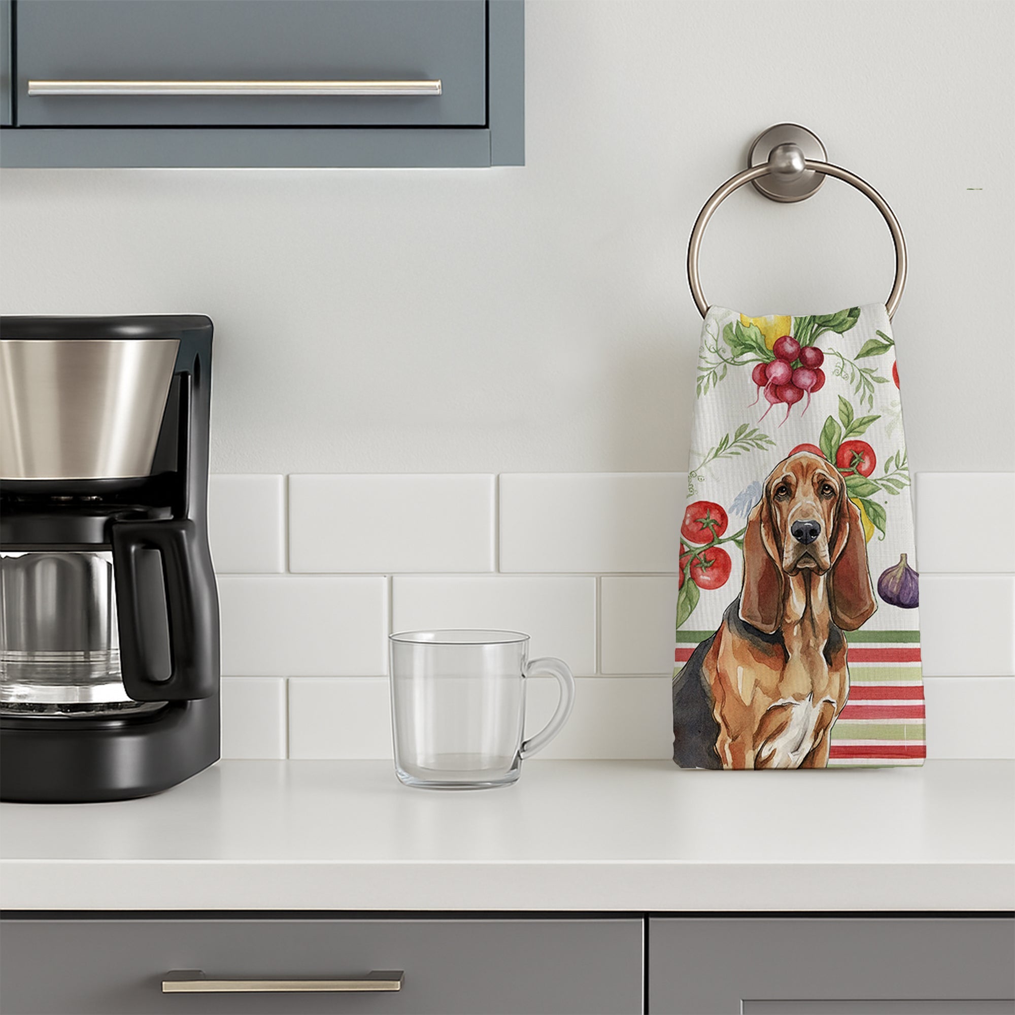 Liver and Tan Bloodhound Vegetables Kitchen Towel Velour Plush Front and Cotton Loop Back Machine Washable