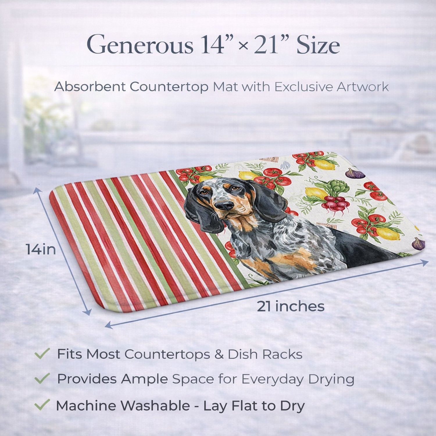 Bluetick Coonhound Vegetables Dish Drying Mat Absorbent Dish Drying Mat Pad for Kitchen Counter Dish Drainer Mat for Countertop, 14 x 21", Multicolor