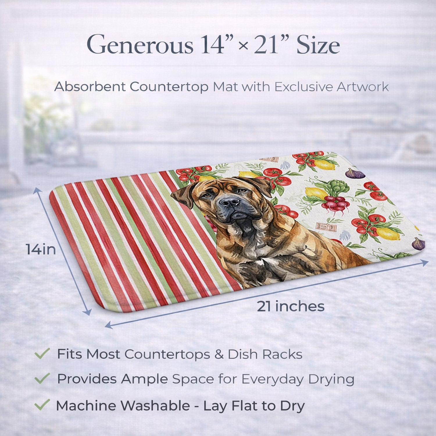 Brindle Boerboel Vegetables Dish Drying Mat Absorbent Dish Drying Mat Pad for Kitchen Counter Dish Drainer Mat for Countertop, 14 x 21", Multicolor