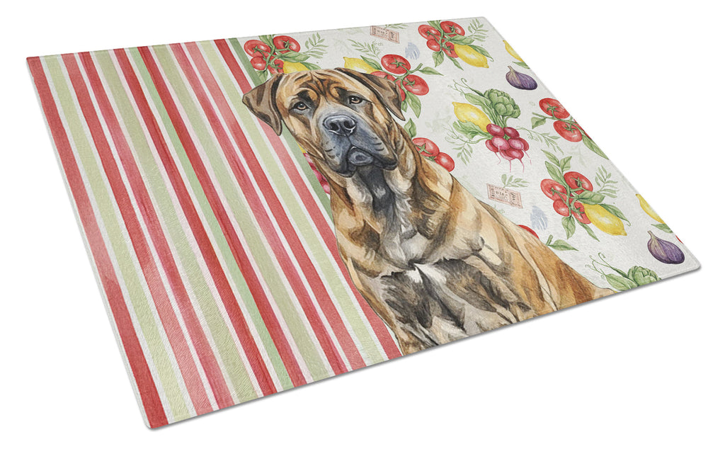 Brindle Boerboel Vegetables Cutting Board Tempered Glass Kitchen Cutting Surface, Heat Resistant Chopping, Non-Slip Feet, Food Prep & Serving