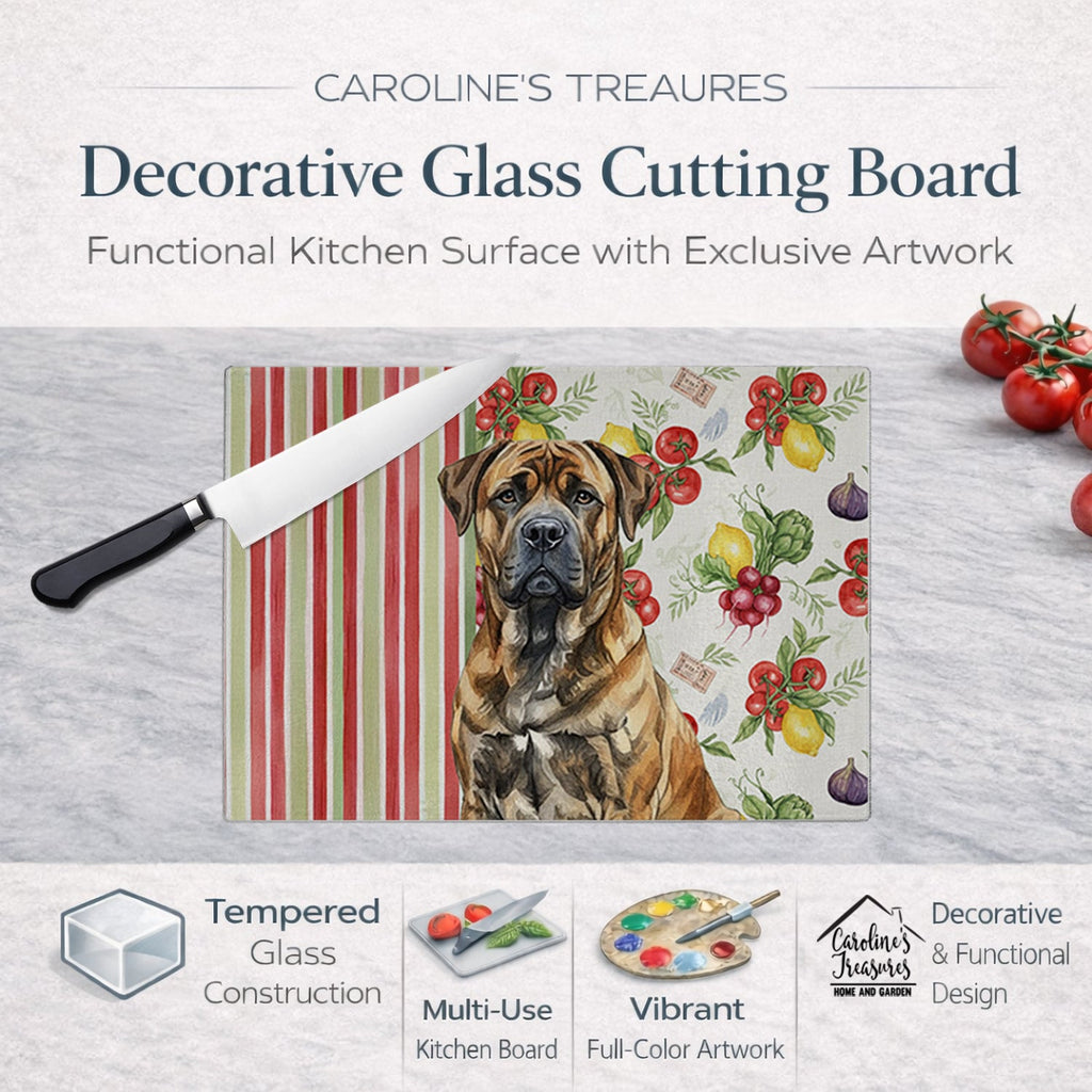 Brindle Boerboel Vegetables Cutting Board Tempered Glass Kitchen Cutting Surface, Heat Resistant Chopping, Non-Slip Feet, Food Prep & Serving