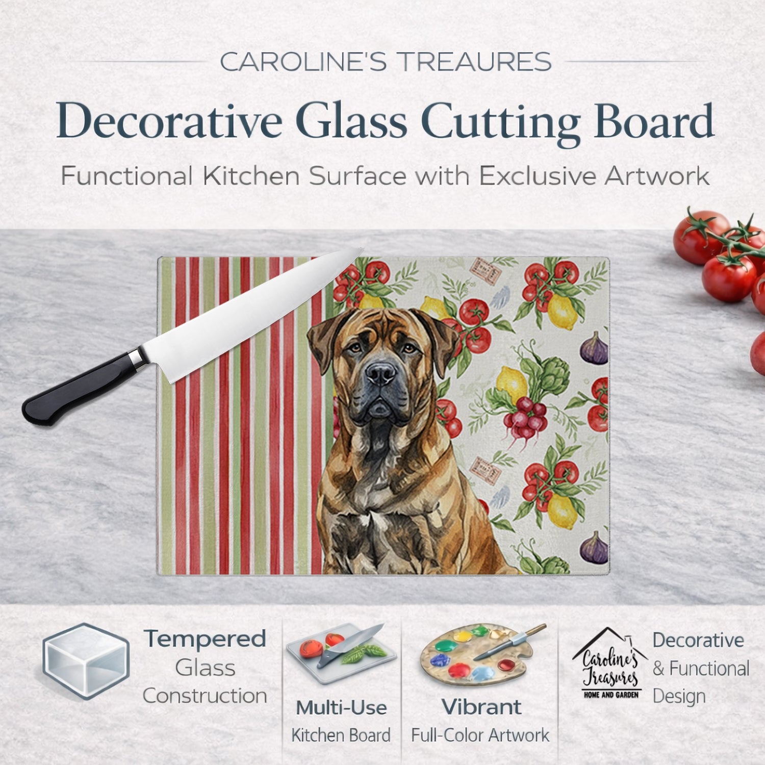 Brindle Boerboel Vegetables Cutting Board Tempered Glass Kitchen Cutting Surface, Heat Resistant Chopping, Non-Slip Feet, Food Prep & Serving