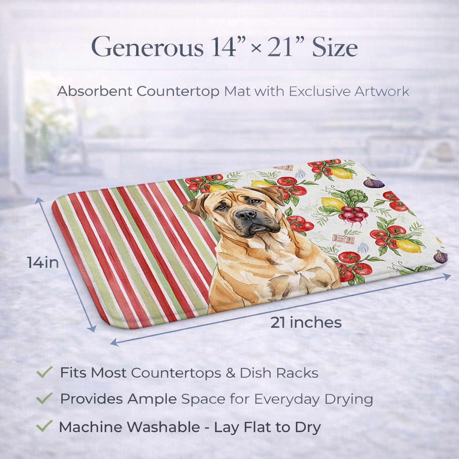 Fawn Boerboel Vegetables Dish Drying Mat Absorbent Dish Drying Mat Pad for Kitchen Counter Dish Drainer Mat for Countertop, 14 x 21", Multicolor