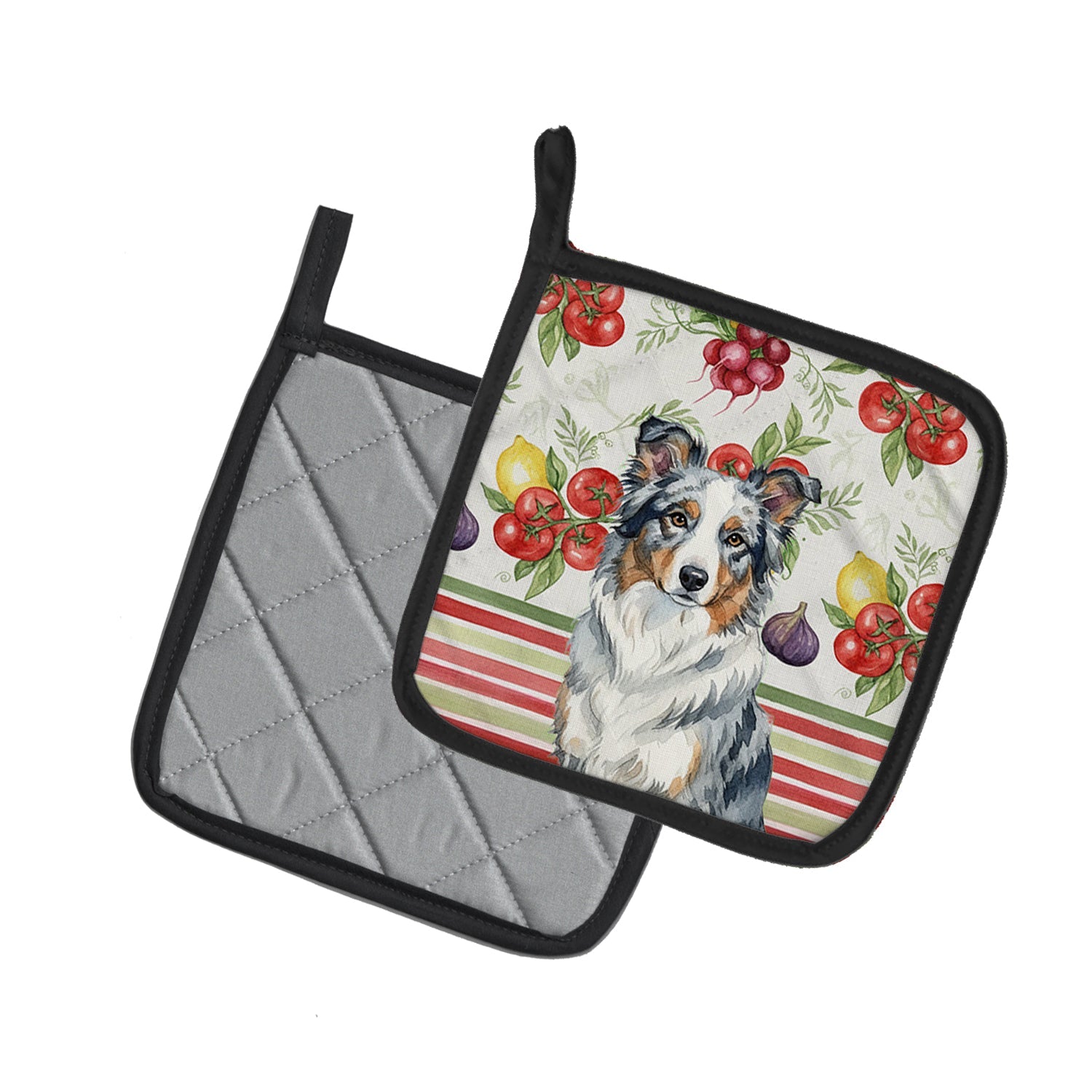 Blue Merle Border Collie Vegetables Pot Holder Set of 2 Heat Resistant Quilted Hot Pads 7.5 x 7.5 Inch, Insulated Kitchen Trivets for Cooking & Baking