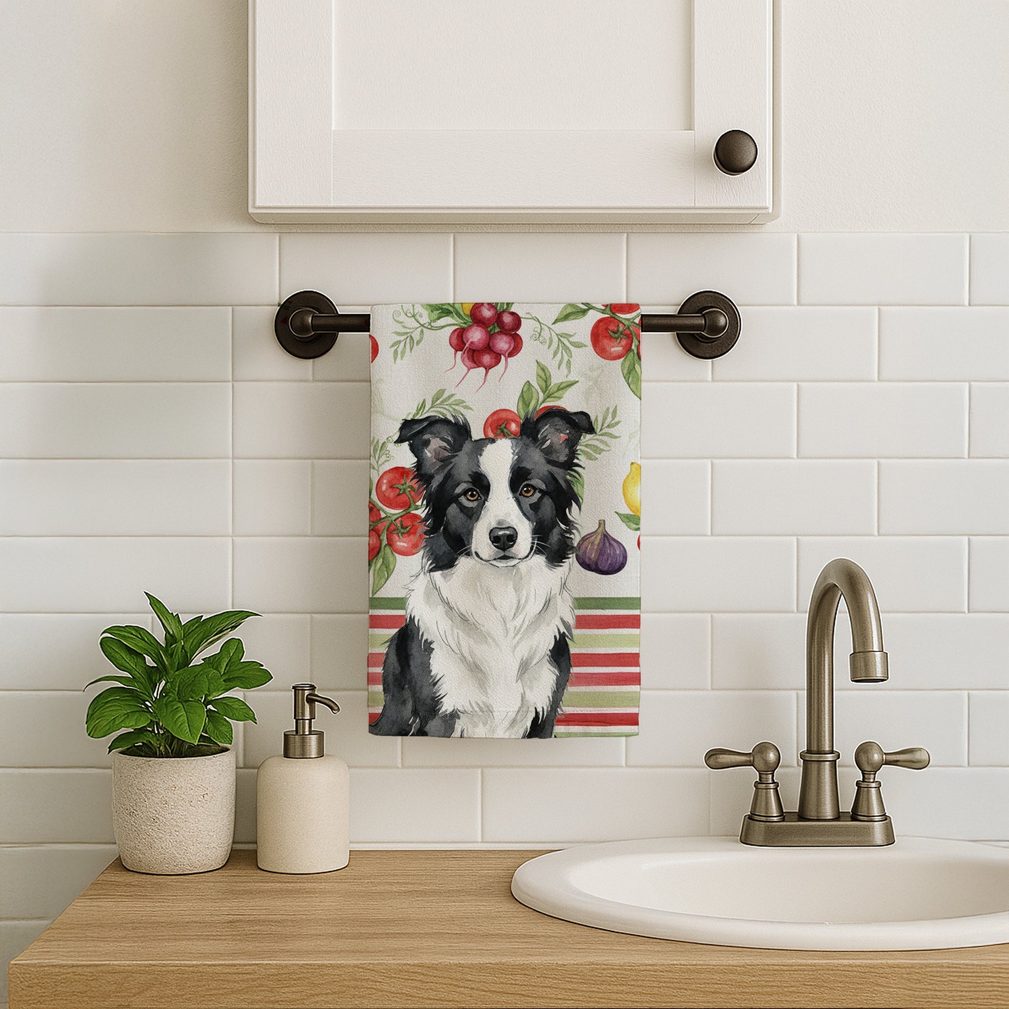 Border Collie Vegetables Kitchen Towel Velour Plush Front and Cotton Loop Back Machine Washable