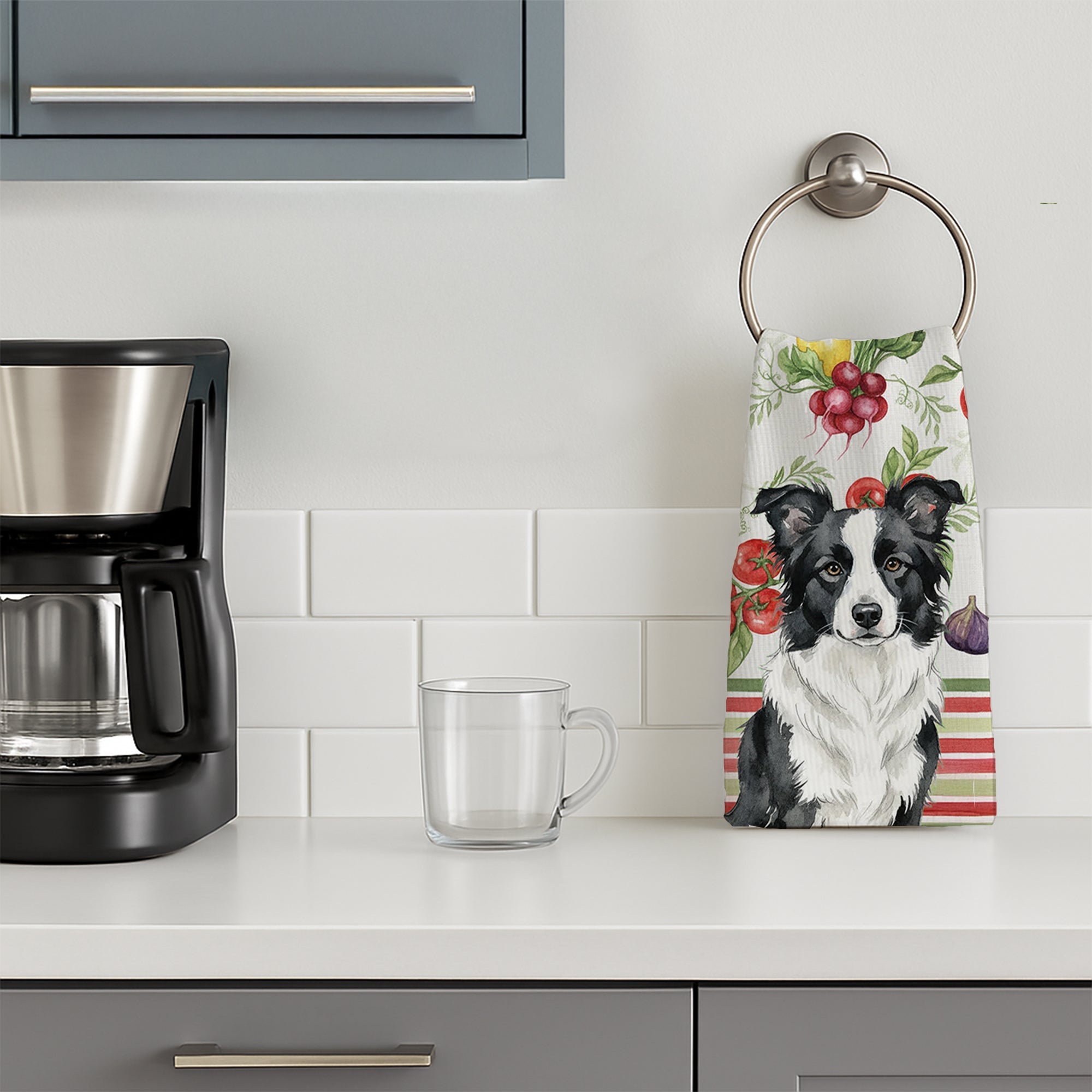 Border Collie Vegetables Kitchen Towel Velour Plush Front and Cotton Loop Back Machine Washable