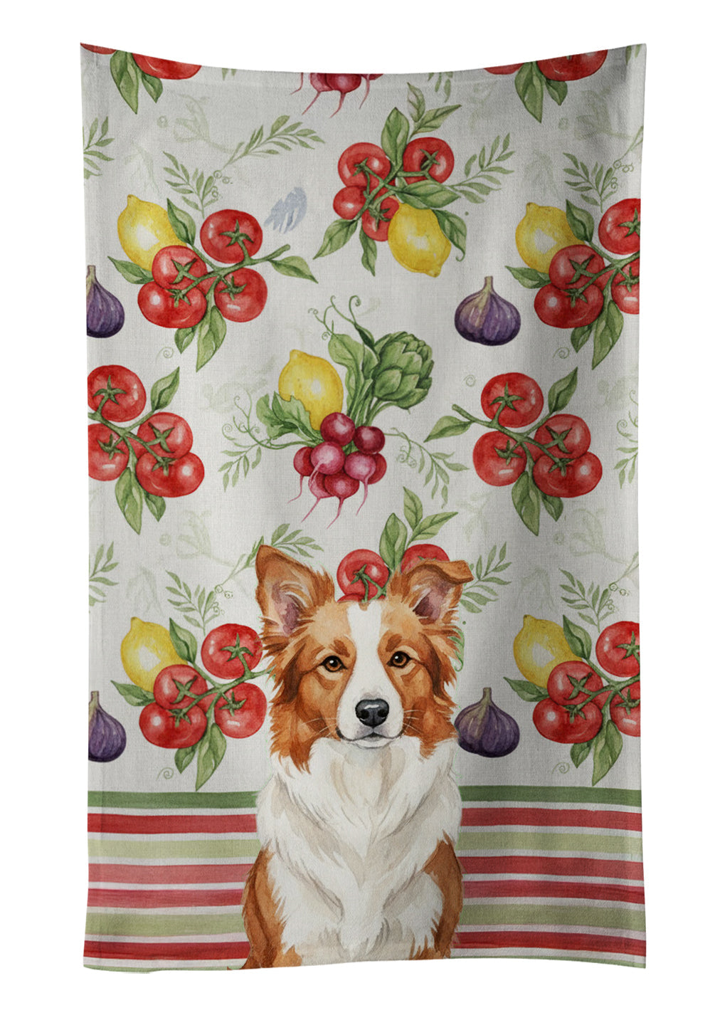 Red and White Border Collie Vegetables Kitchen Towel Velour Plush Front and Cotton Loop Back Machine Washable