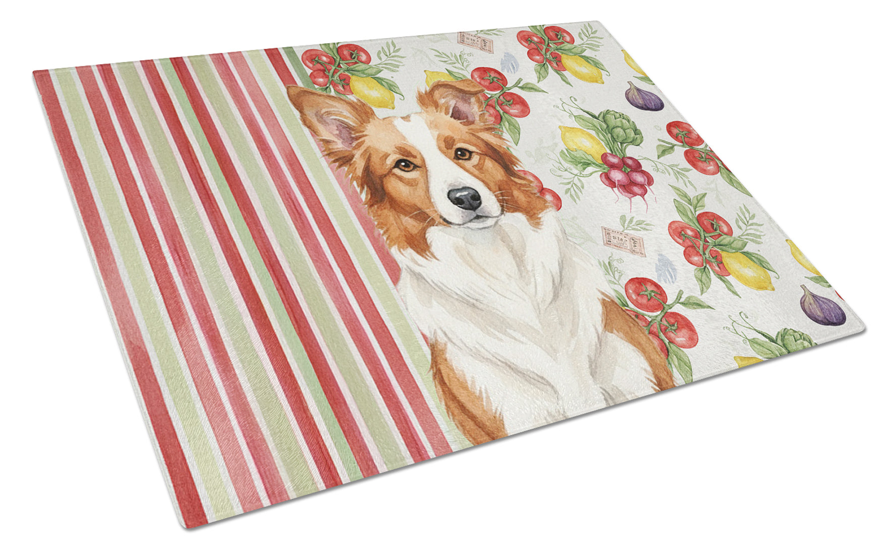 Red and White Border Collie Vegetables Cutting Board Tempered Glass Kitchen Cutting Surface, Heat Resistant Chopping, Non-Slip Feet, Food Prep & Serving