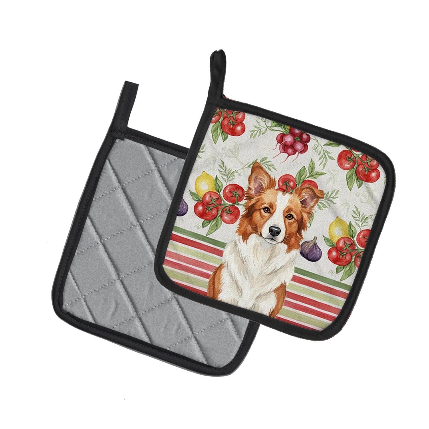 Red and White Border Collie Vegetables Pot Holder Set of 2 Heat Resistant Quilted Hot Pads 7.5 x 7.5 Inch, Insulated Kitchen Trivets for Cooking & Baking
