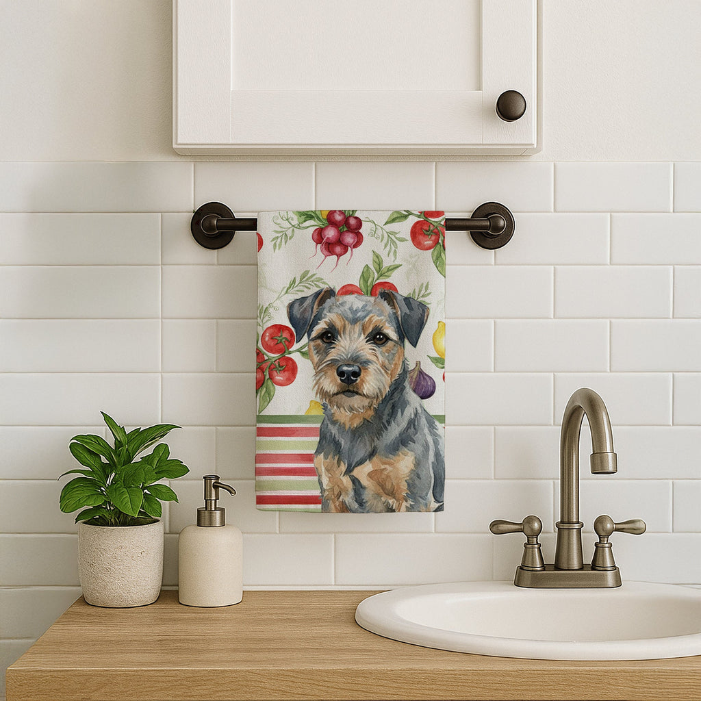 Blue and Tan Border Terrier Vegetables Kitchen Towel Velour Plush Front and Cotton Loop Back Machine Washable