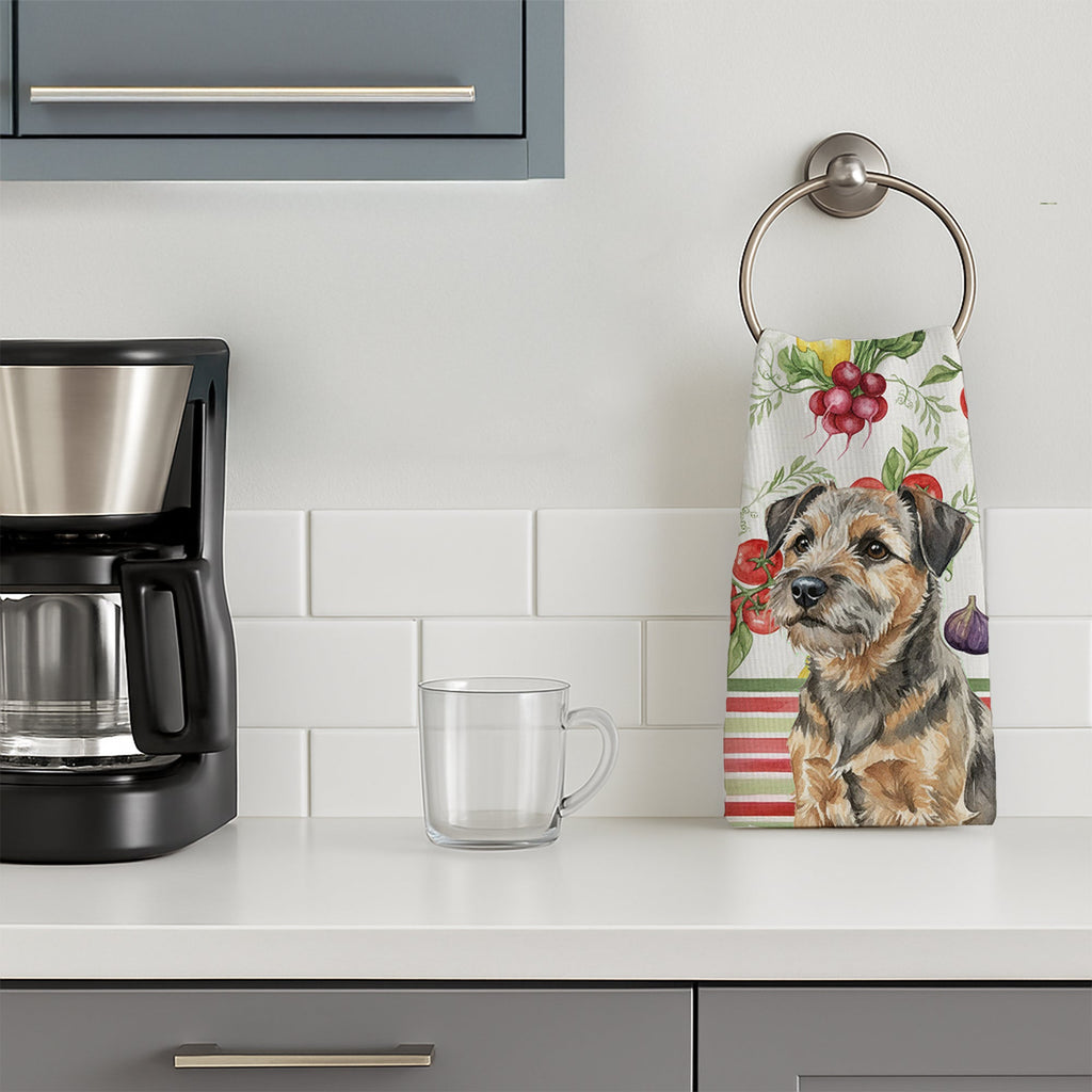 Grizzle and Tan Border Terrier Vegetables Kitchen Towel Velour Plush Front and Cotton Loop Back Machine Washable