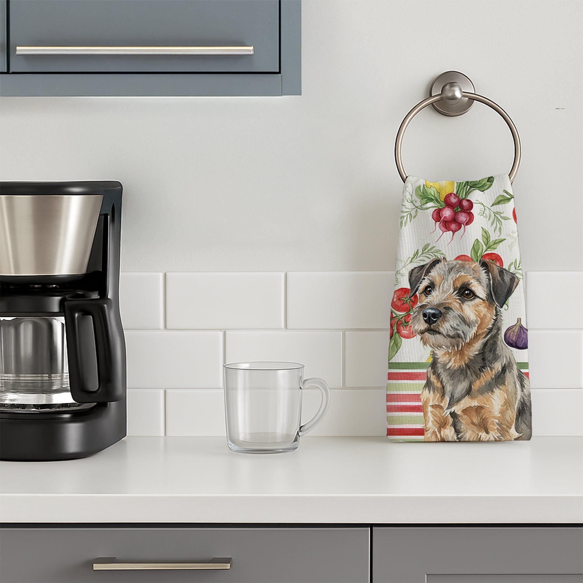 Grizzle and Tan Border Terrier Vegetables Kitchen Towel Velour Plush Front and Cotton Loop Back Machine Washable