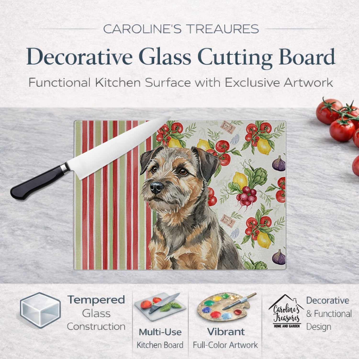 Grizzle and Tan Border Terrier Vegetables Cutting Board Tempered Glass Kitchen Cutting Surface, Heat Resistant Chopping, Non-Slip Feet, Food Prep & Serving