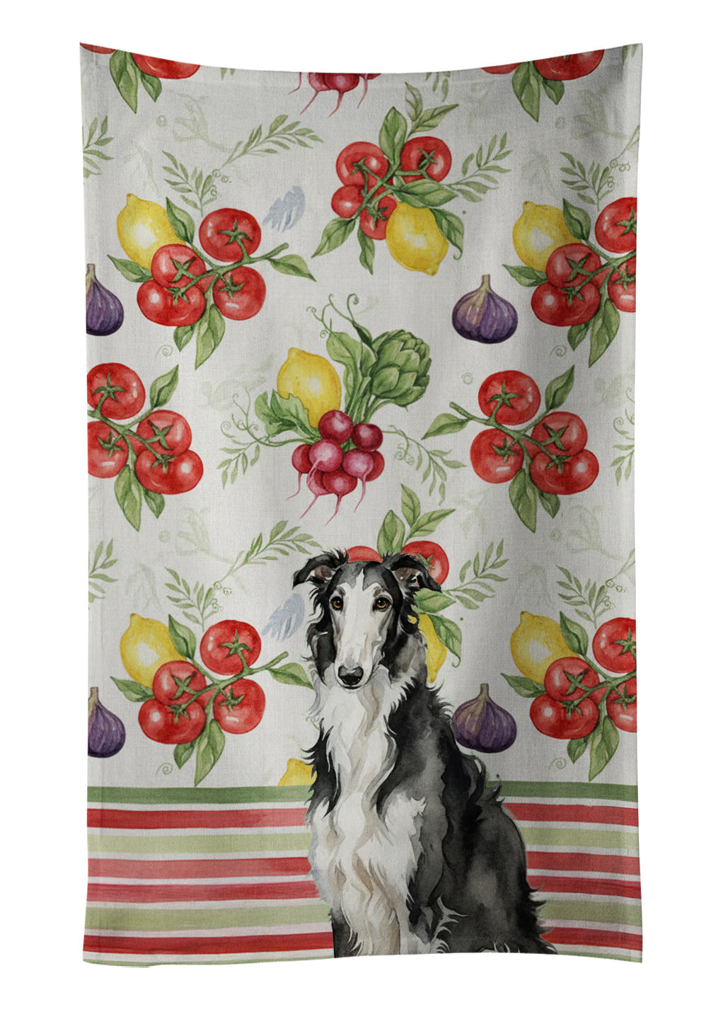 Black and White Borzoi Vegetables Kitchen Towel Velour Plush Front and Cotton Loop Back Machine Washable