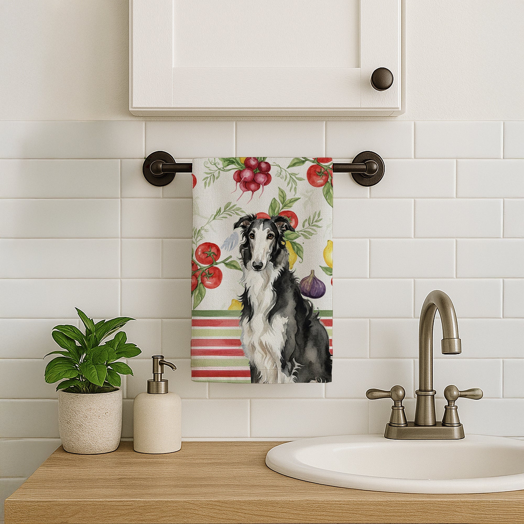 Black and White Borzoi Vegetables Kitchen Towel Velour Plush Front and Cotton Loop Back Machine Washable